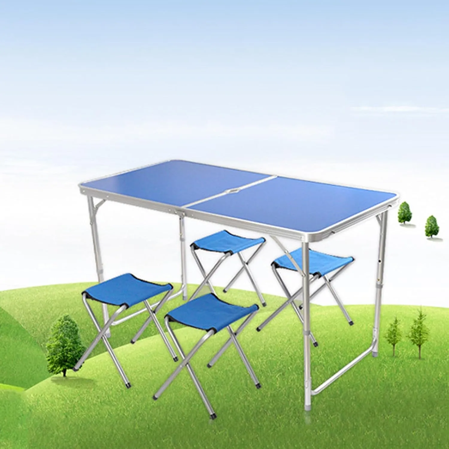 Camping Tables, Camp Tables Portable Foldable, Adjustable 47.2" Aluminum Folding Table for Picnic/Camping/Grilling (Color : Blue 4 Chairs)