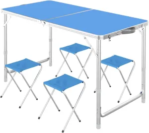 Camping Tables, Camp Tables Portable Foldable, Adjustable 47.2" Aluminum Folding Table for Picnic/Camping/Grilling (Color : Blue 4 Chairs)