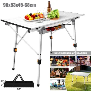 Camping Tables Rollup Picnic Table with Height Adjustable Legs, Collapsible Table Aluminium Outdoor Folding Table,90X53X45/68Cm