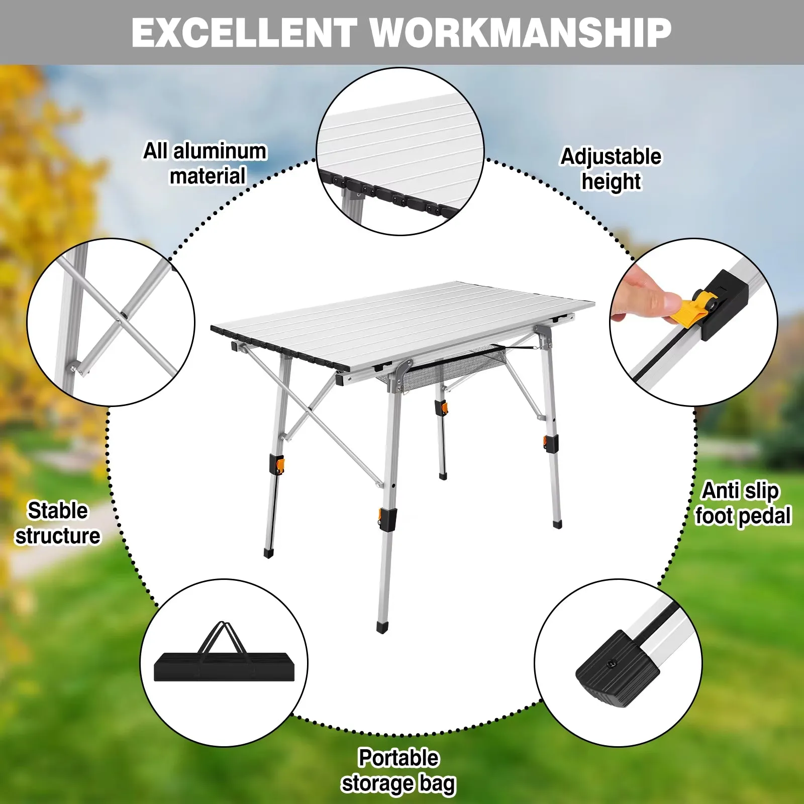Camping Tables Rollup Picnic Table with Height Adjustable Legs, Collapsible Table Aluminium Outdoor Folding Table,90X53X45/68Cm