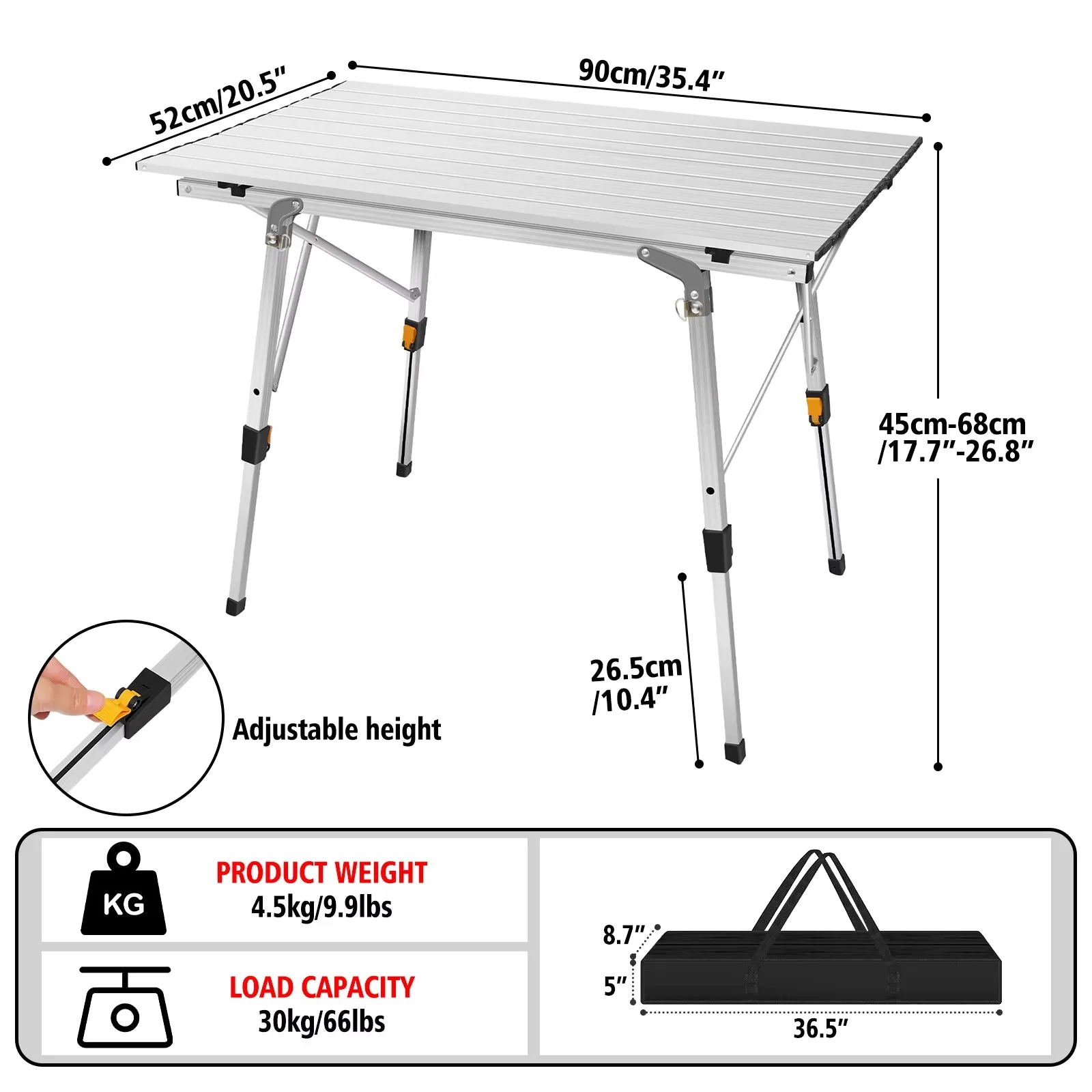 Camping Tables Rollup Picnic Table with Height Adjustable Legs, Collapsible Table Aluminium Outdoor Folding Table,90X53X45/68Cm