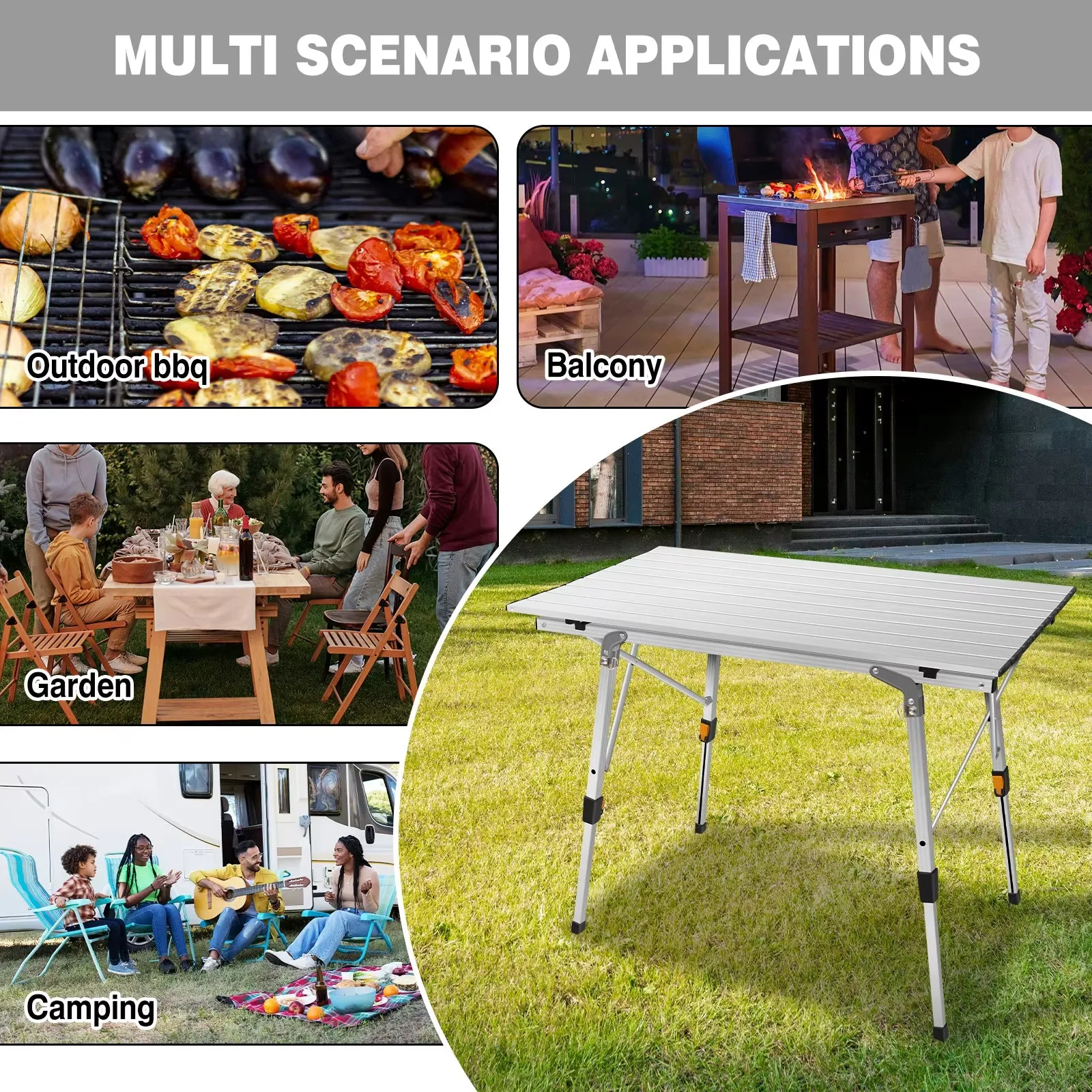 Camping Tables Rollup Picnic Table with Height Adjustable Legs, Collapsible Table Aluminium Outdoor Folding Table,90X53X45/68Cm