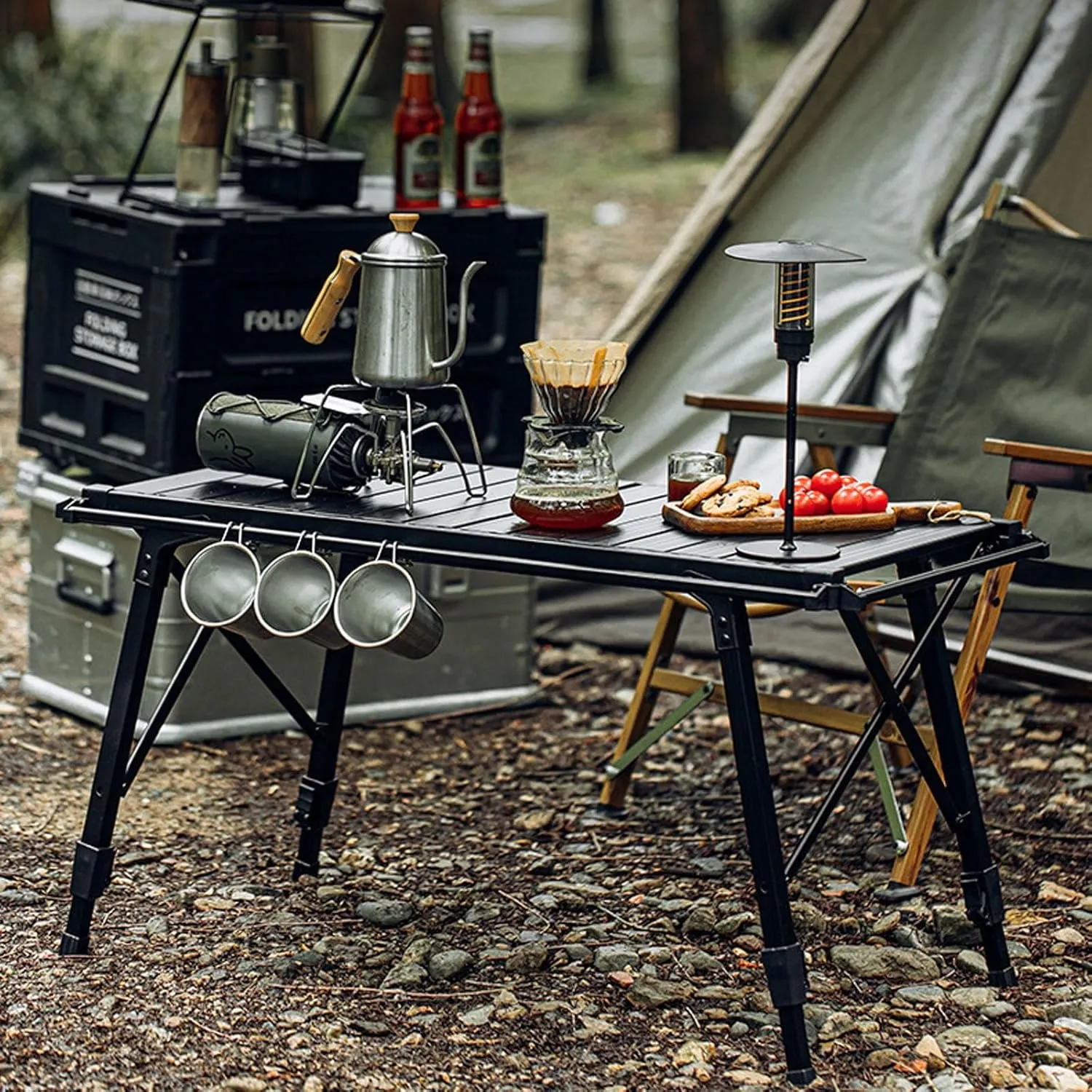 Camping Tables That Fold up Lightweight Made of Aluminum Alloy with Adjustable Legs for Outdoor, Sturdy, Stable(Black)
