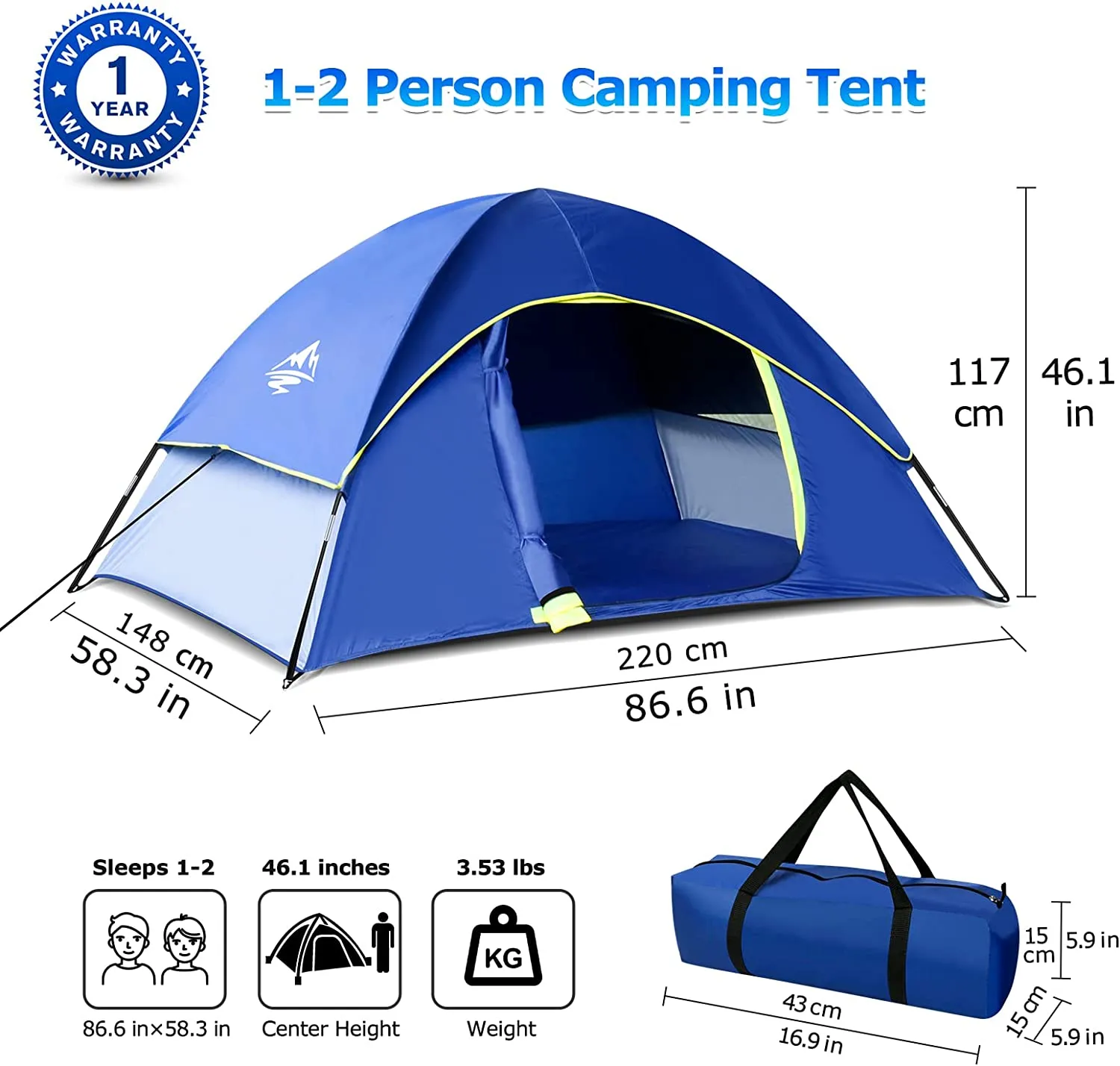 Camping Tent 1/2/3 Person Waterproof Windproof Tent with Removable Rainfly and Carry Bag, Easy Set Up