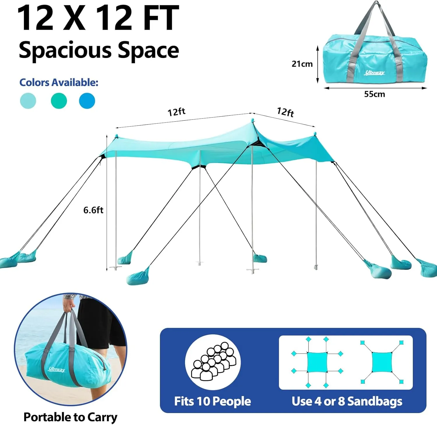 Camping Tent UPF50  with 8 Sandbags, Beach Shade Canopy for 6-12 Persons, Pop Up Canopy for Camping, Picnics, 12X12FT Turquoise