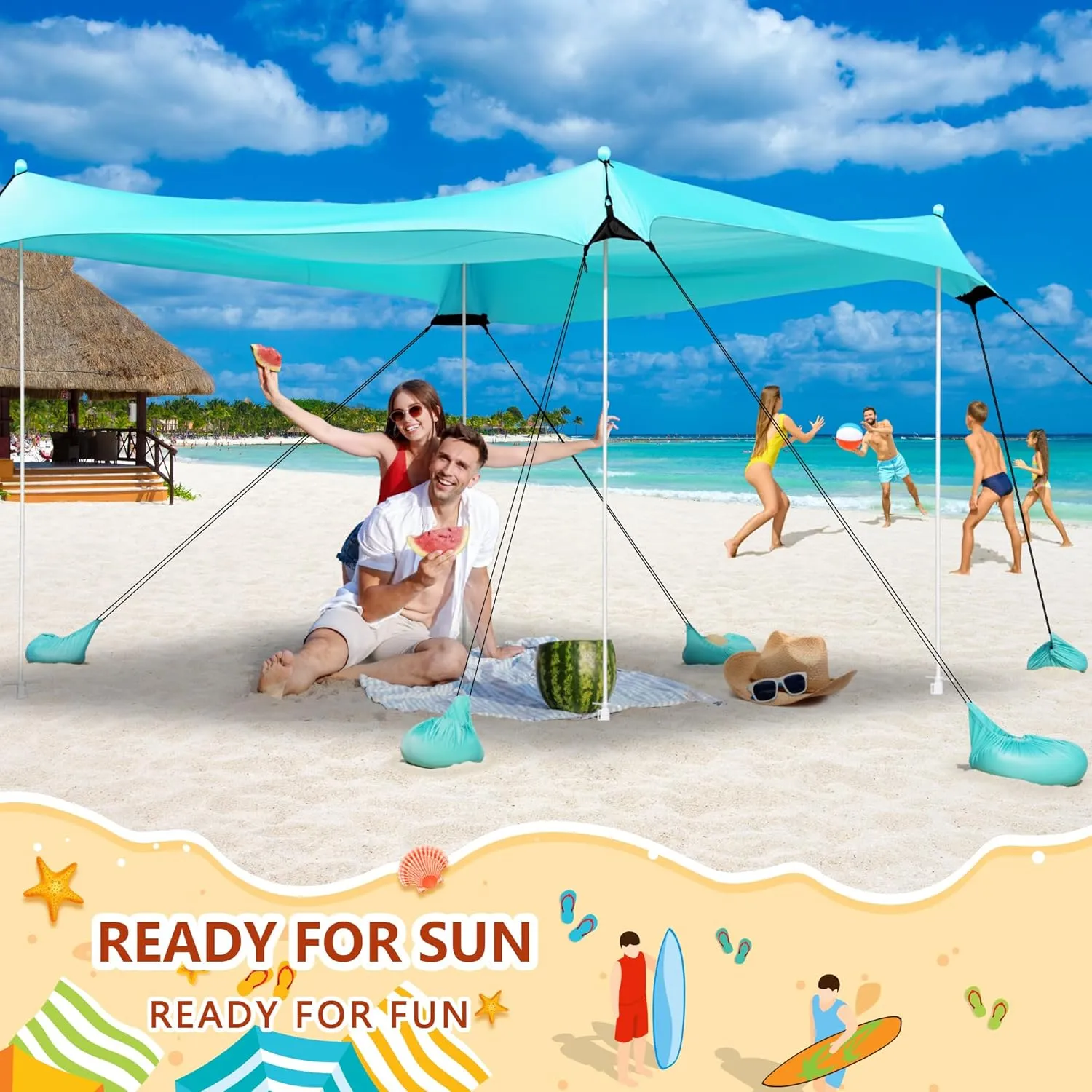 Camping Tent UPF50  with 8 Sandbags, Beach Shade Canopy for 6-12 Persons, Pop Up Canopy for Camping, Picnics, 12X12FT Turquoise