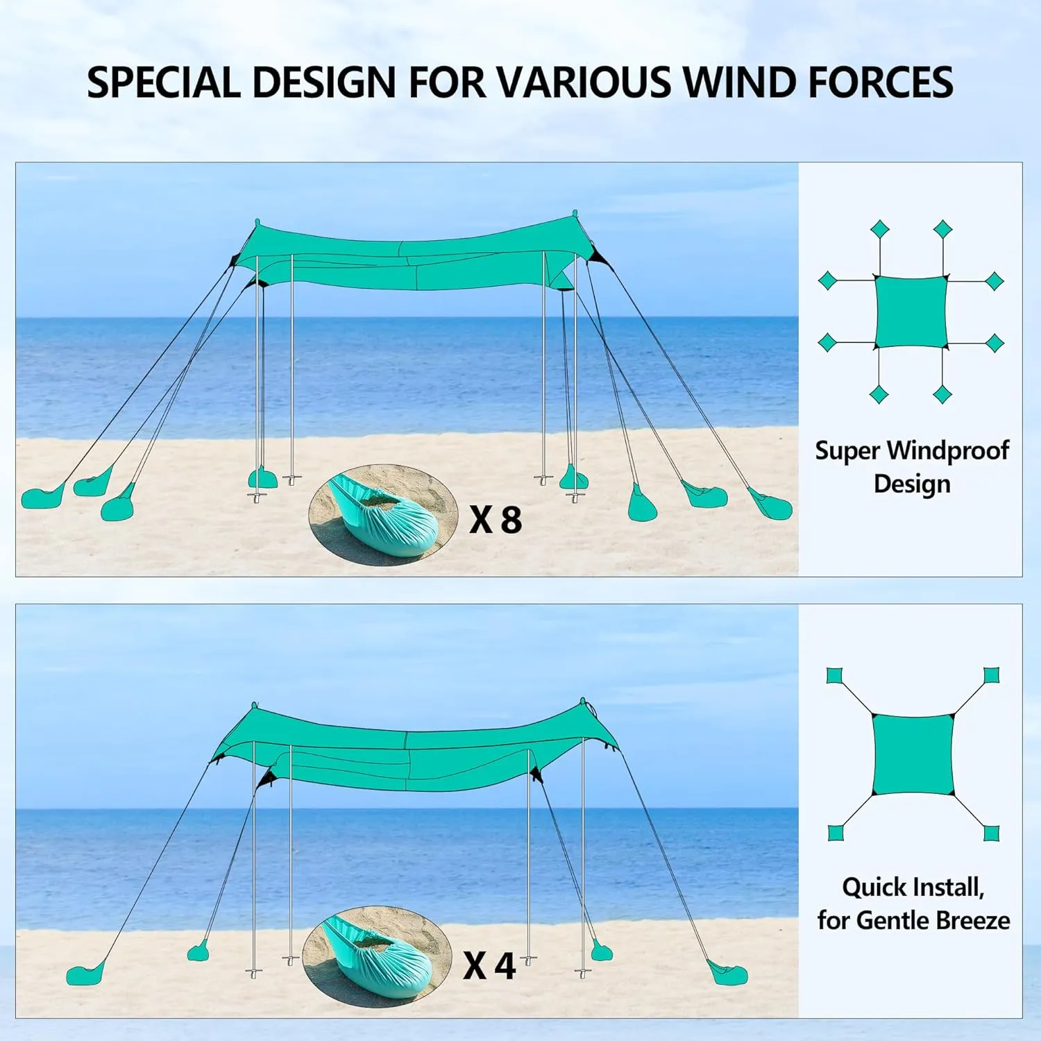 Camping Tent UPF50  with 8 Sandbags, Beach Shade Canopy for 6-12 Persons, Pop Up Canopy for Camping, Picnics, 12X12FT Turquoise