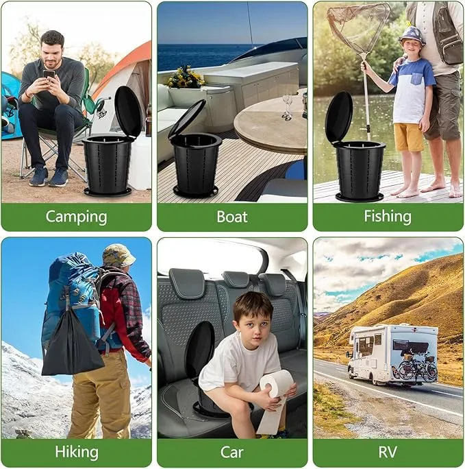 Camping Toilet, Portable Toilet for adults with Adjustable Height - Foldable Travel Toilet Perfect for Outdoor and Indoor Use, Emergency Situations, Traffic Jams, Cars, Tents, Boats (Black)