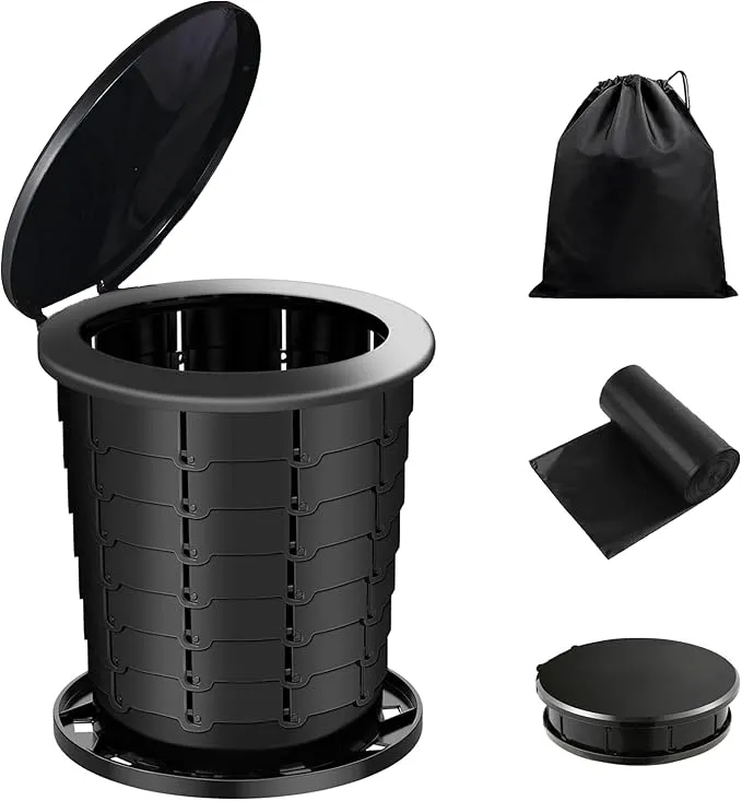 Camping Toilet, Portable Toilet for adults with Adjustable Height - Foldable Travel Toilet Perfect for Outdoor and Indoor Use, Emergency Situations, Traffic Jams, Cars, Tents, Boats (Black)