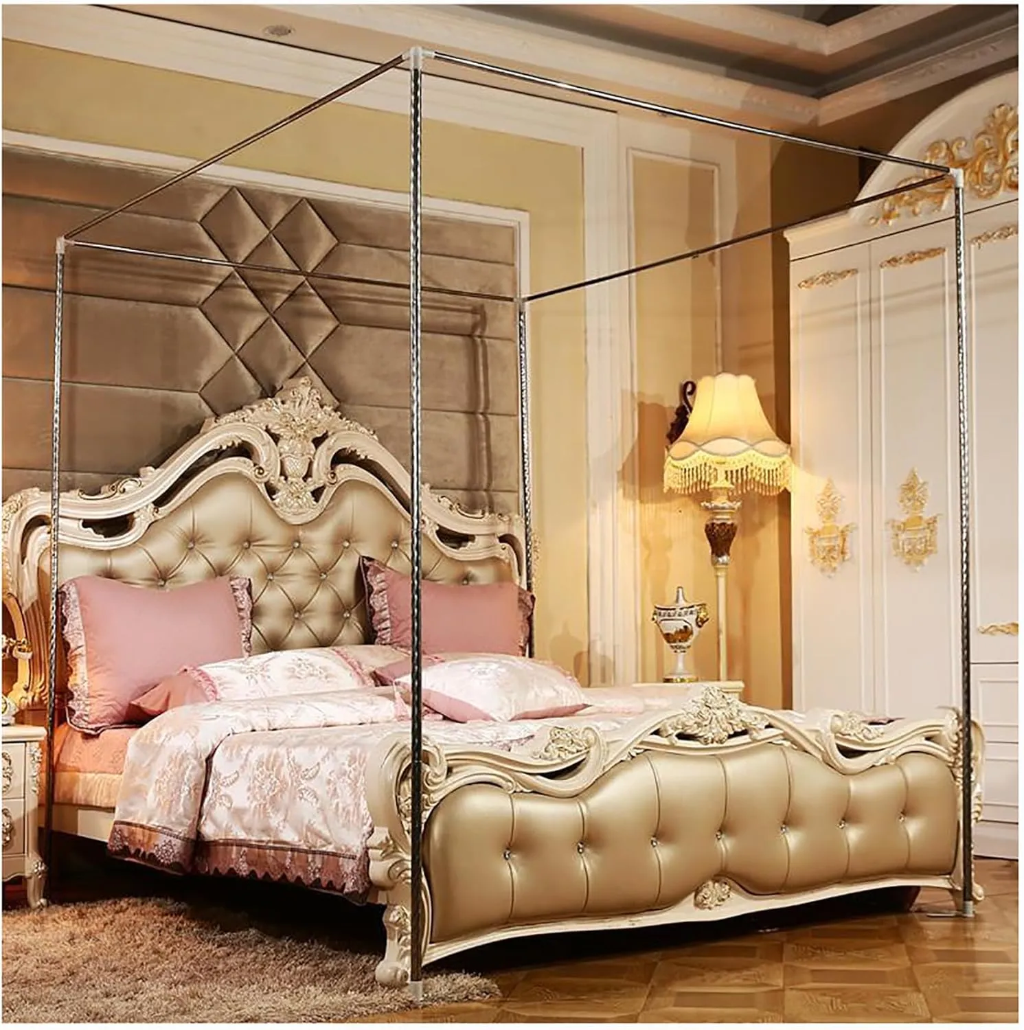 Canopy Curtain Bed Frame Stainless Steel Canopy Bed Frame Post Four Corner Post Bed Netting Canopy for Bedroom Decoration,B,Twin
