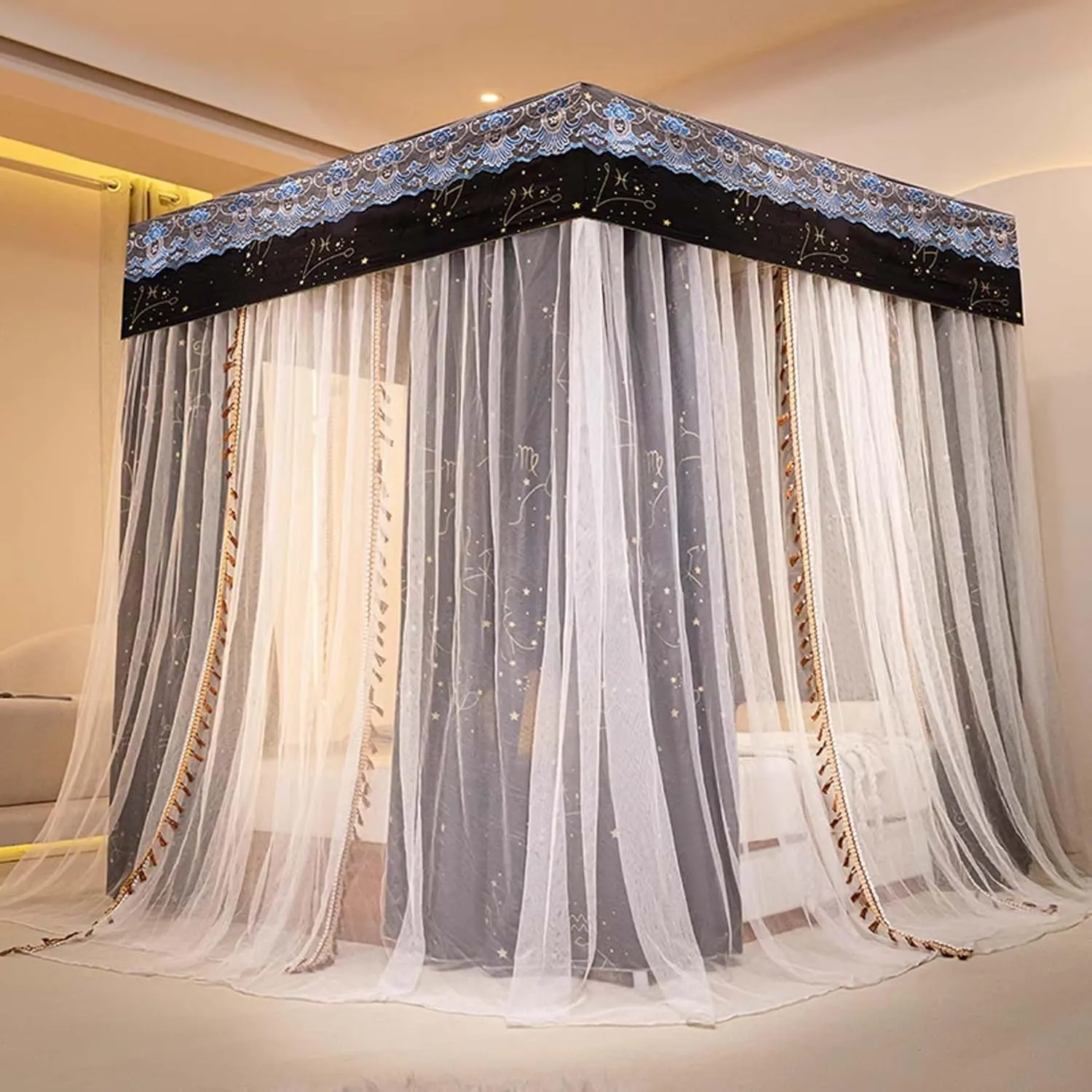 Canopy Curtain Bed Frame Stainless Steel Canopy Bed Frame Post Four Corner Post Bed Netting Canopy for Bedroom Decoration,B,Twin