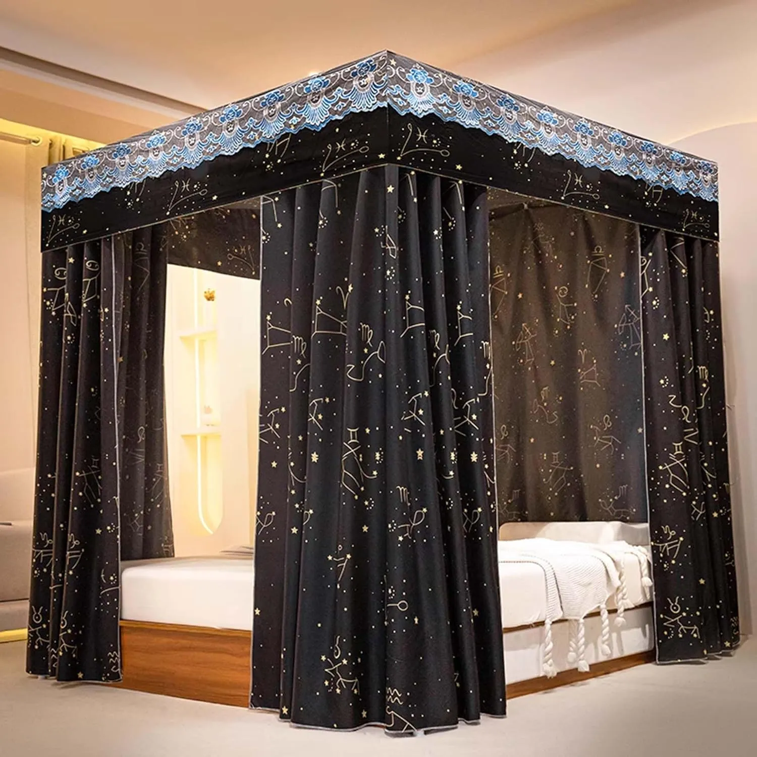 Canopy Curtain Bed Frame Stainless Steel Canopy Bed Frame Post Four Corner Post Bed Netting Canopy for Bedroom Decoration,B,Twin