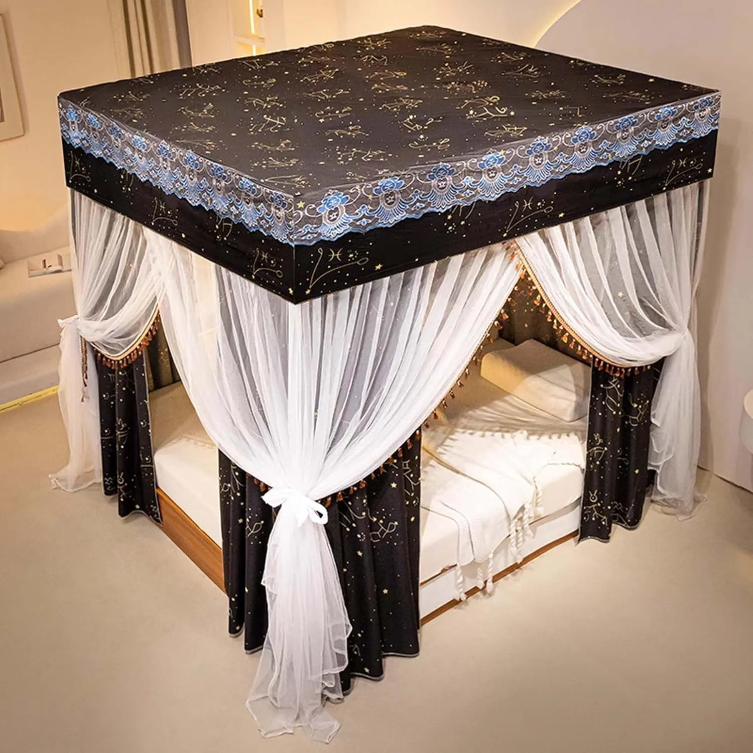 Canopy Curtain Bed Frame Stainless Steel Canopy Bed Frame Post Four Corner Post Bed Netting Canopy for Bedroom Decoration,B,Twin