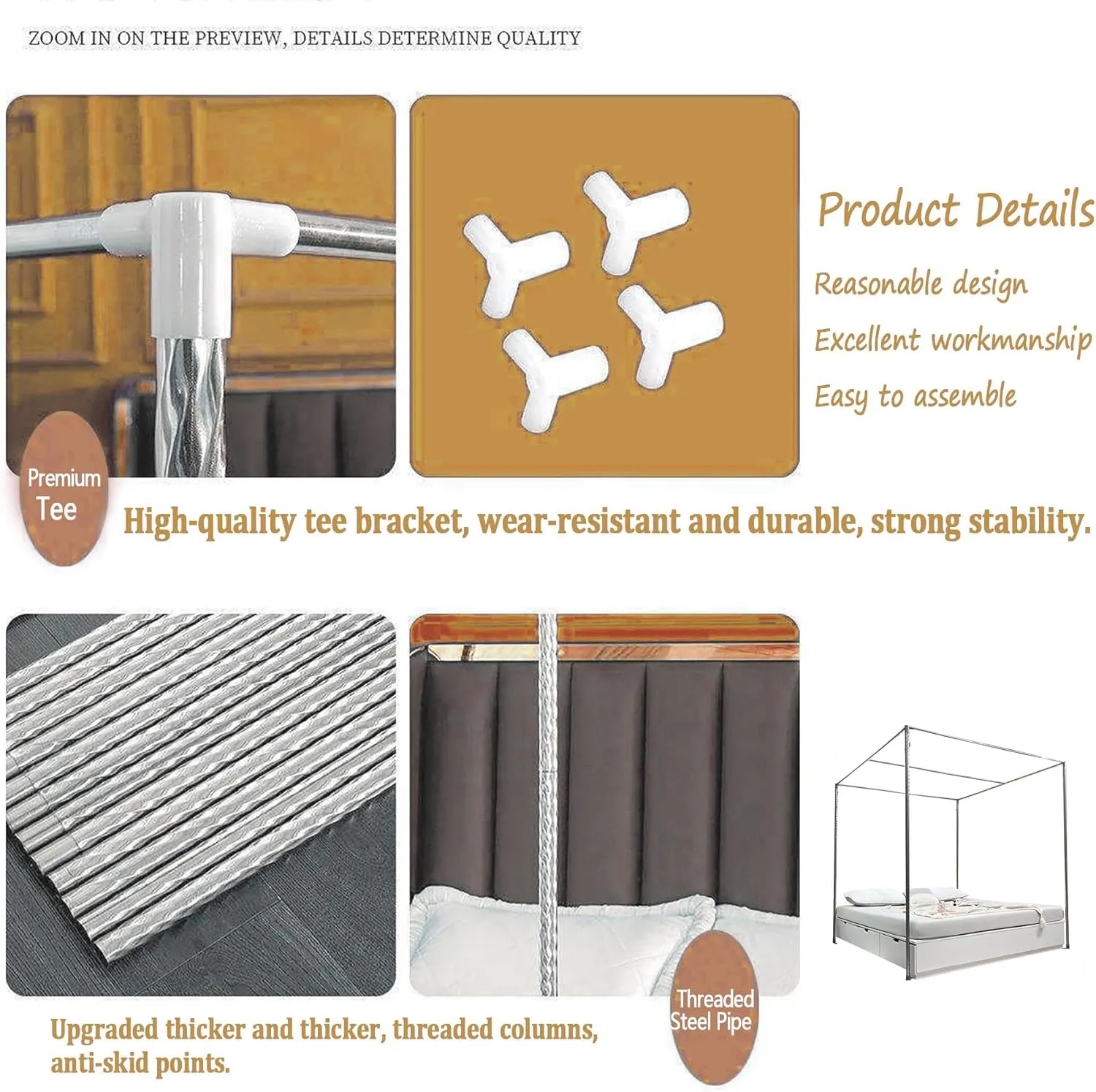 Canopy Curtain Bed Frame Stainless Steel Canopy Bed Frame Post Four Corner Post Bed Netting Canopy for Bedroom Decoration,B,Twin