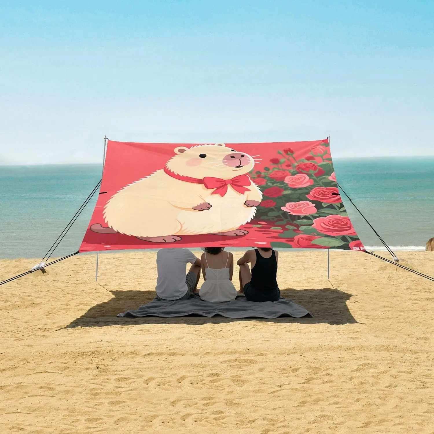 Capybara with Red Rose Beach Camping Tent Sun Shelter for Whole Family, Beach Shade Canopy with UPF50  UV Protection,Easy Set Up and Carry,Outdoor Shade for Trips, Fishing, Backyard Fun Picnics