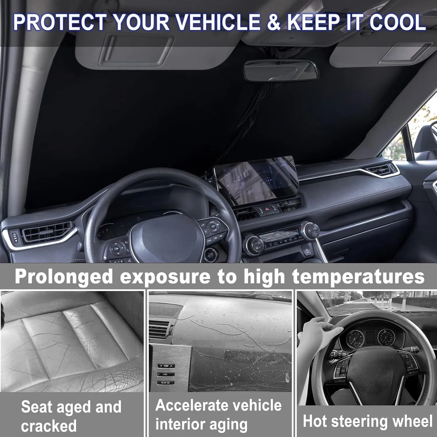 Car Windshield Sun Shade Foldable for Toyota RAV4 Accessories 2019-2025 & 2021-2025 RAV4 Prime Front Sun Shade Professional 310T Polyester UV Protection Keep Car Interior Cool