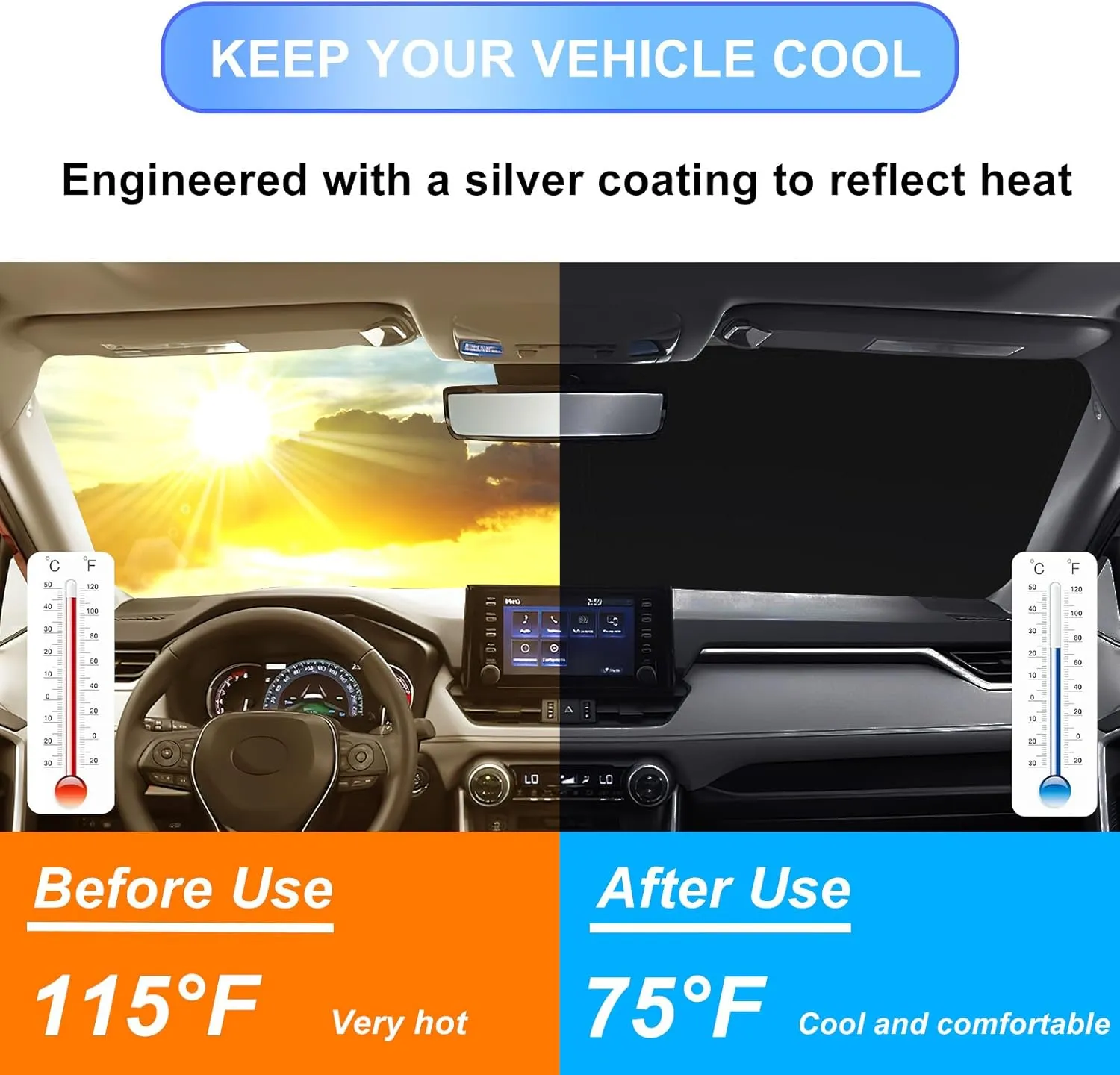 Car Windshield Sun Shade Foldable for Toyota RAV4 Accessories 2019-2025 & 2021-2025 RAV4 Prime Front Sun Shade Professional 310T Polyester UV Protection Keep Car Interior Cool