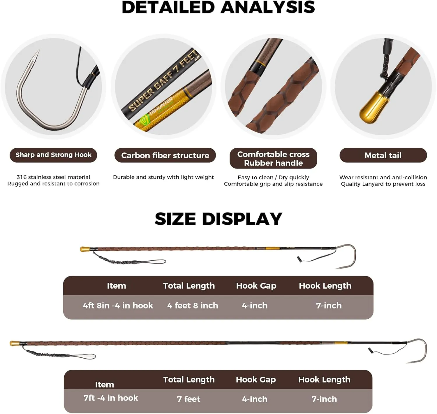 Carbon Fiber Fishing Gaff Saltwater Fish Gaff with S316 Stainless Steel Fishing Hook