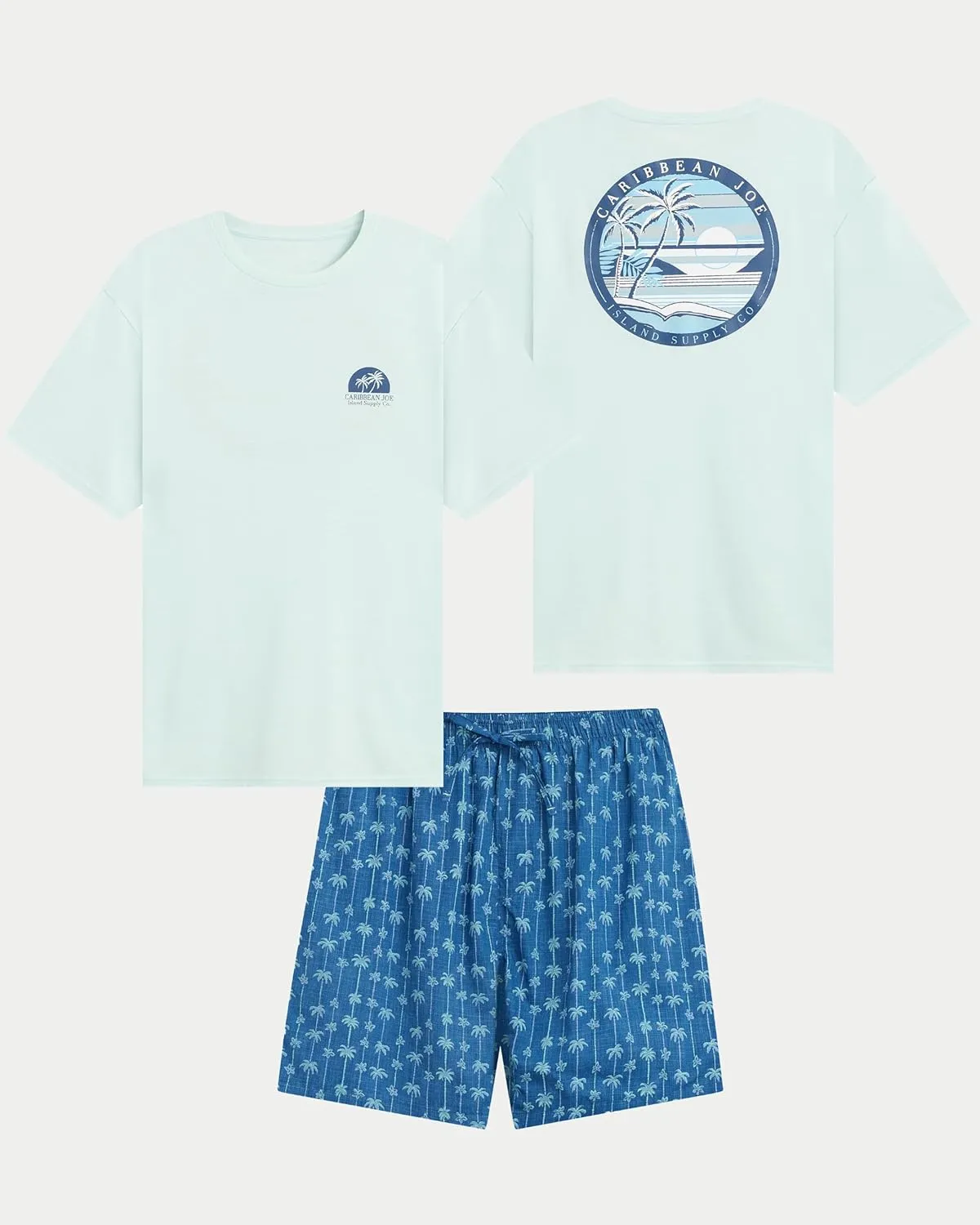 CARIBBEAN JOE Men's Sleep Set, Island Sunset Shorts and Blue Crew Neck T-Shirt Pajamas, Lightweight Novelty Pjs