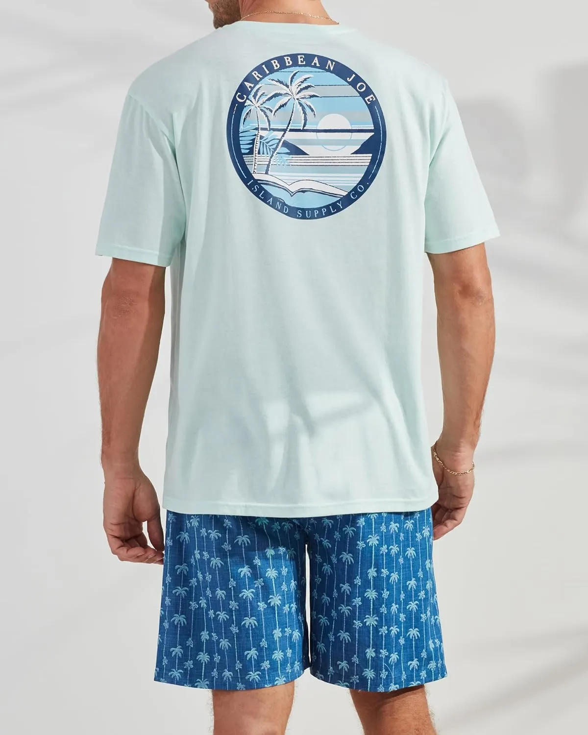 CARIBBEAN JOE Men's Sleep Set, Island Sunset Shorts and Blue Crew Neck T-Shirt Pajamas, Lightweight Novelty Pjs