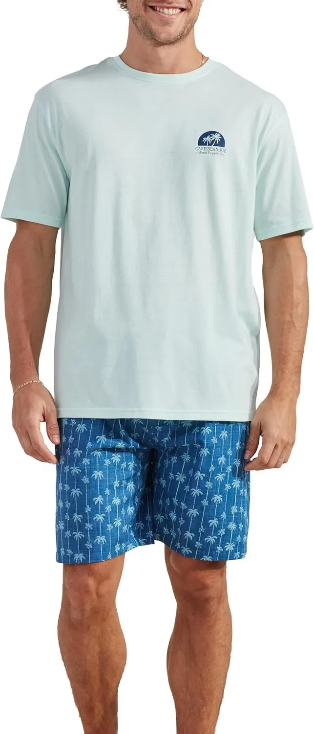 CARIBBEAN JOE Men's Sleep Set, Island Sunset Shorts and Blue Crew Neck T-Shirt Pajamas, Lightweight Novelty Pjs