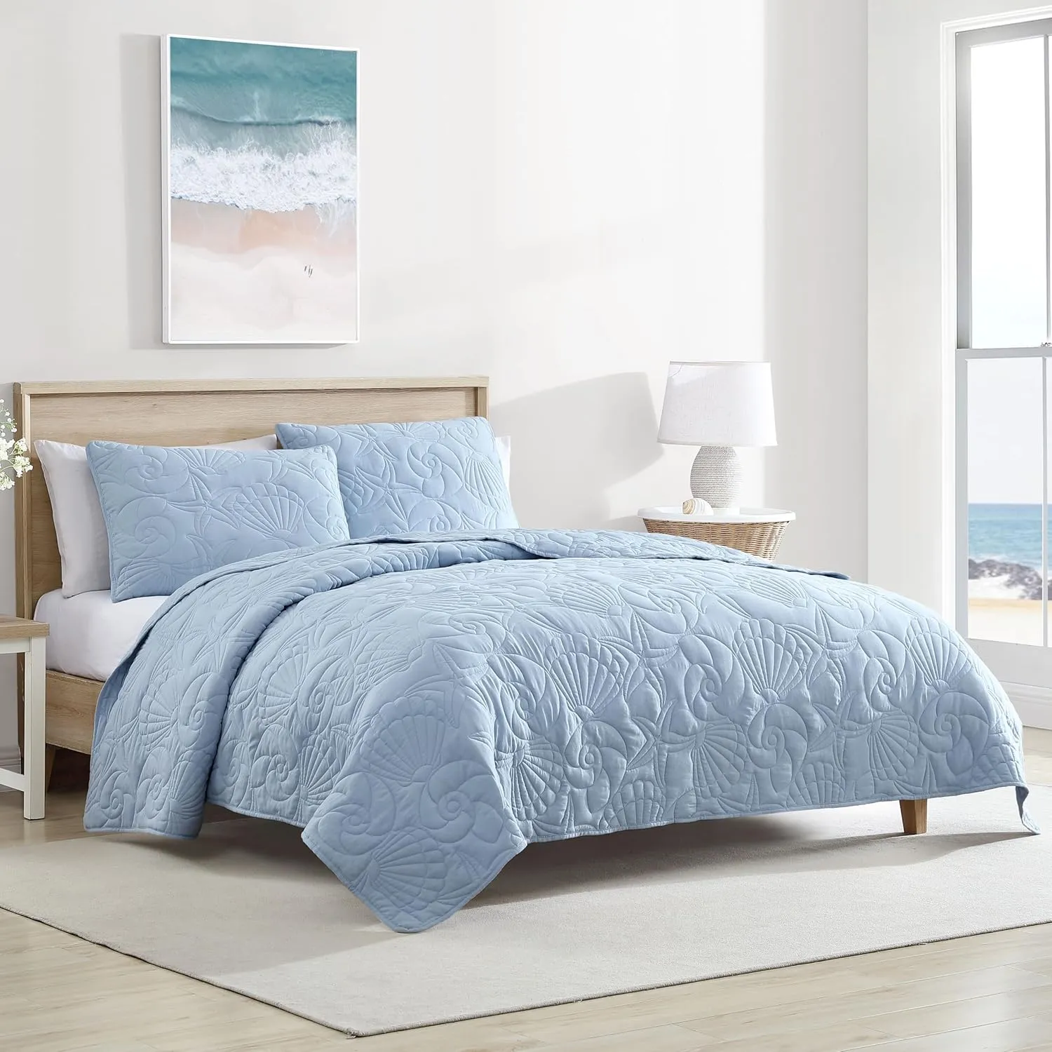 CARIBBEAN JOE Twin Outlined Shell 2-Piece Quilt Set, Coastal Beach Design Bedding, Blue
