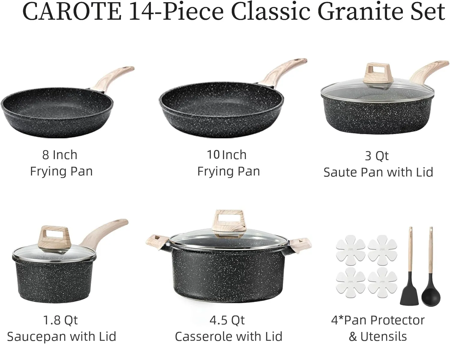 CAROTE 14Pcs Pots and Pans Set Non Stick, Cookware Sets Induction Cookware Granite Cooking Set with Frying Pans, Saucepans, Saute Pan, Extra Large Casserole