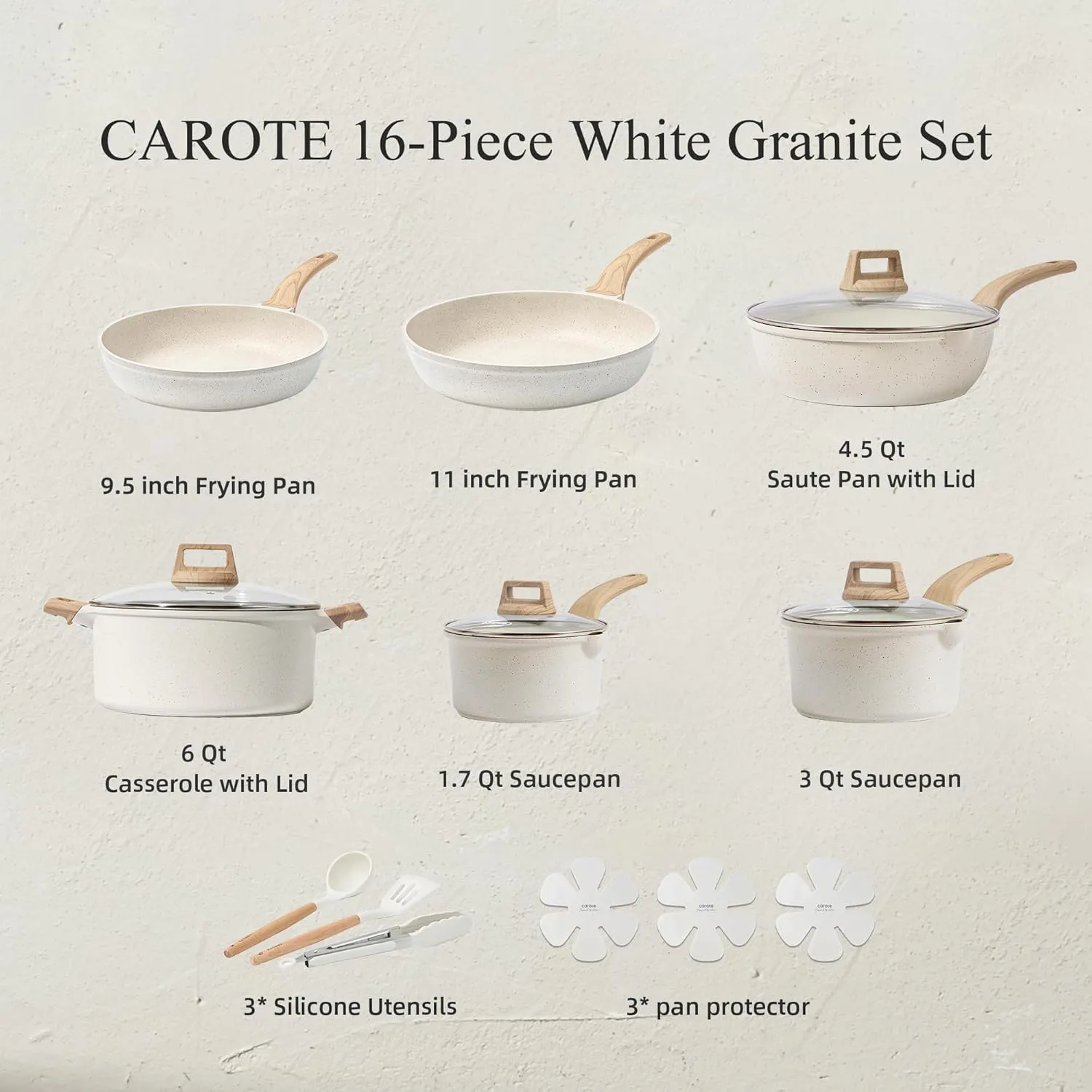 CAROTE 16 Piece Pots and Pans Set Nonstick, White Granite Cookware Sets Induction Cookware, Non Stick Cooking Set w/Frying Pans & Saucepans (PFOS, PFOA Free)