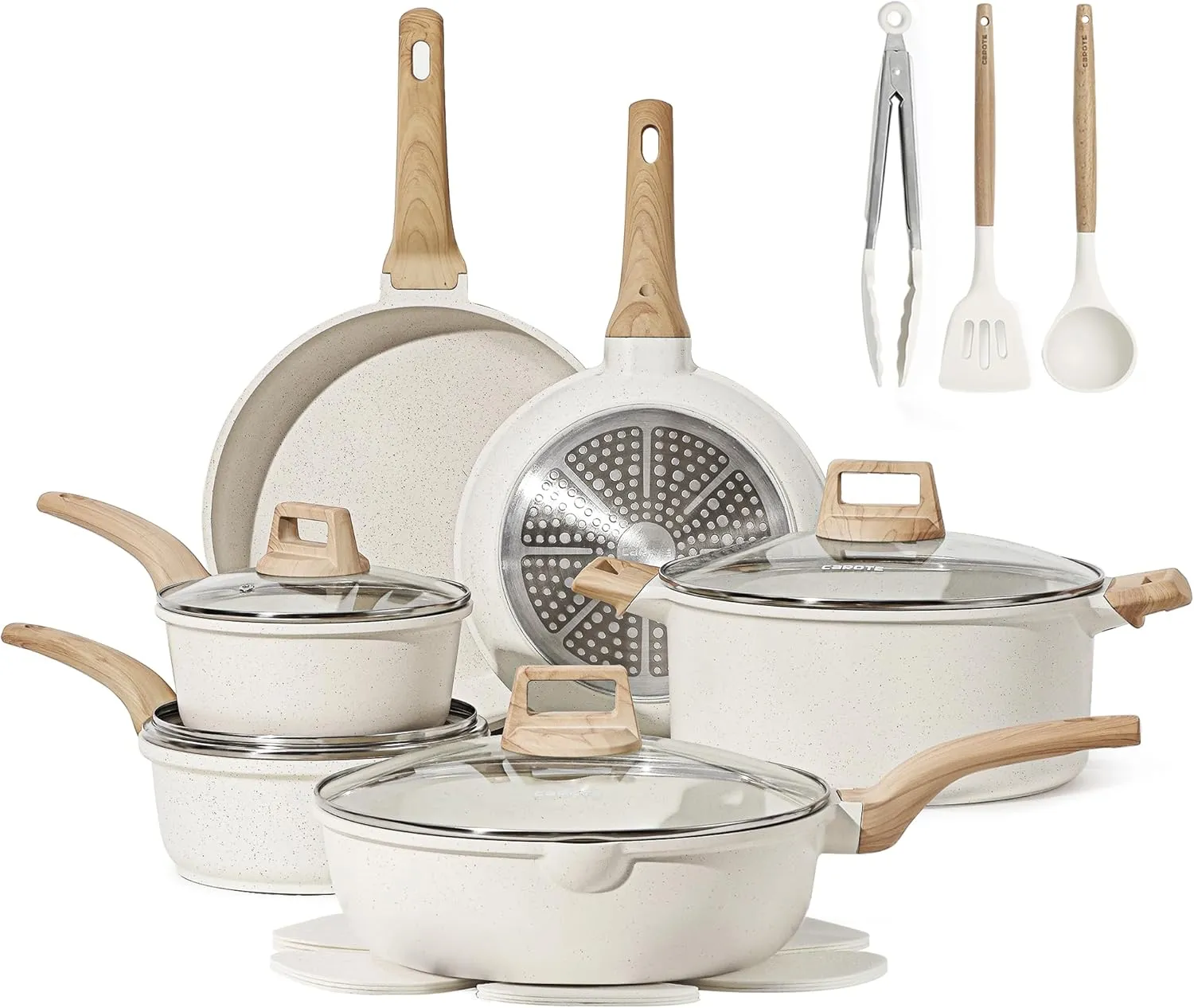 CAROTE 16 Piece Pots and Pans Set Nonstick, White Granite Cookware Sets Induction Cookware, Non Stick Cooking Set w/Frying Pans & Saucepans (PFOS, PFOA Free)