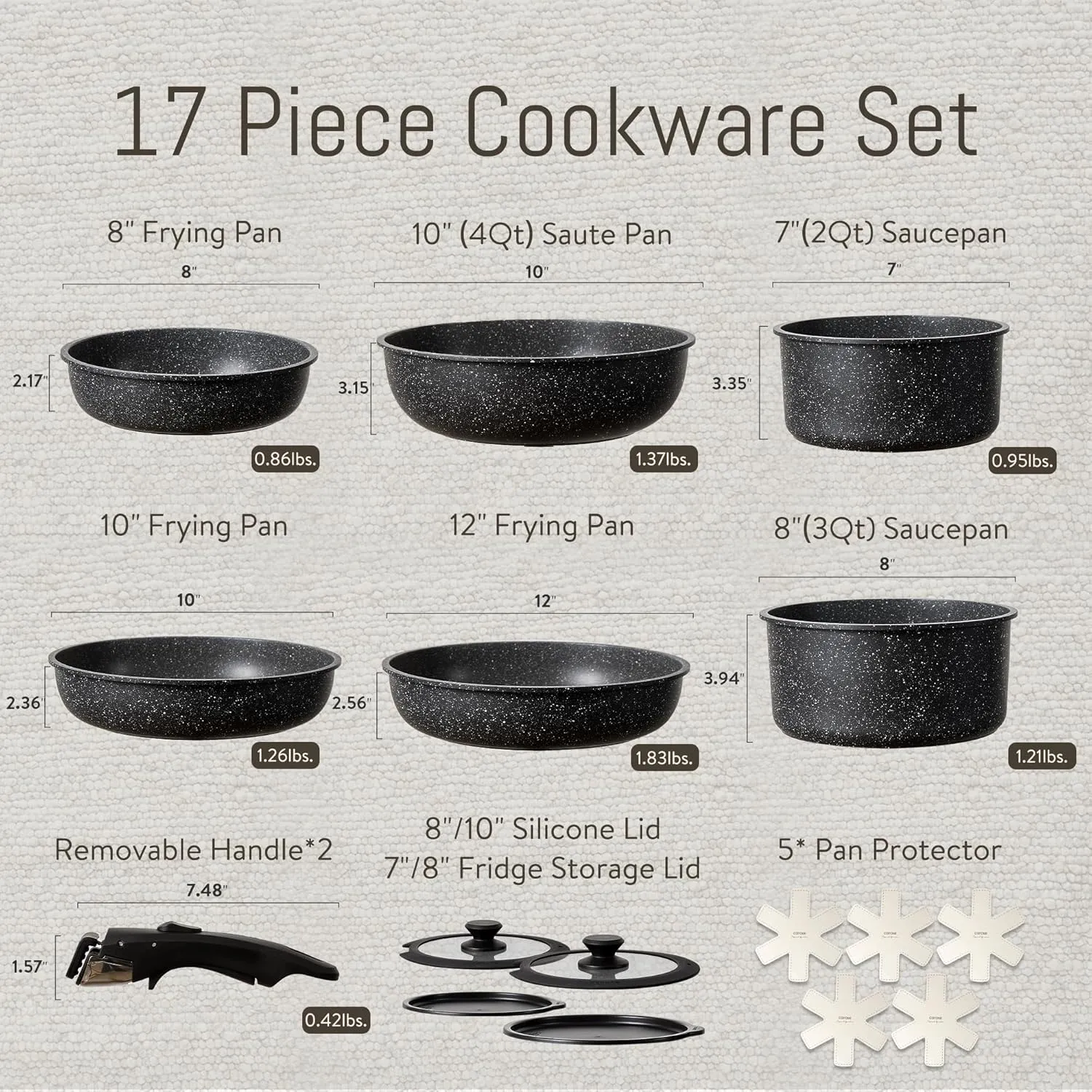 CAROTE 17pcs Pots and Pans Set Detachable Handle, Nonstick Cookware Set with Removable Handle,RV Kitchen Set, Oven Use, Camping Use, Midnight Black Granite