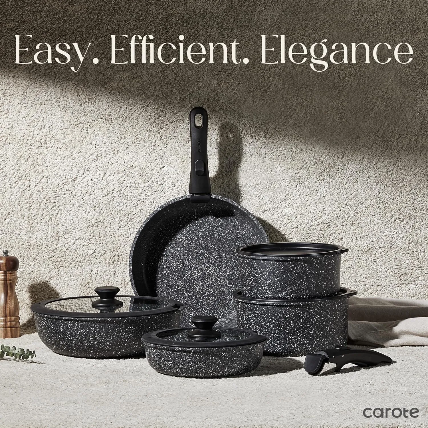 CAROTE 17pcs Pots and Pans Set Detachable Handle, Nonstick Cookware Set with Removable Handle,RV Kitchen Set, Oven Use, Camping Use, Midnight Black Granite