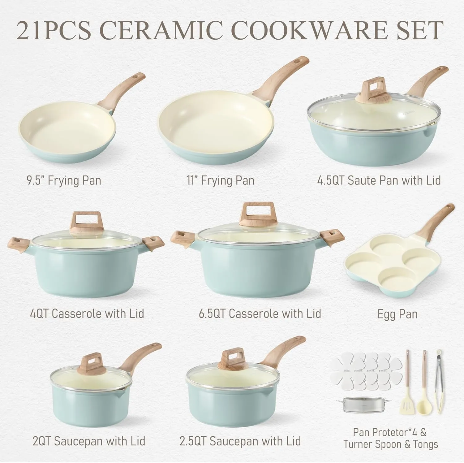 CAROTE 21 Ceramic Cookware Set, Pots and Pans Set Non stick, Cook Ware Set Induction Kitchen Cooking Set Non-toxic Health Induction Cookware, PFAS Free