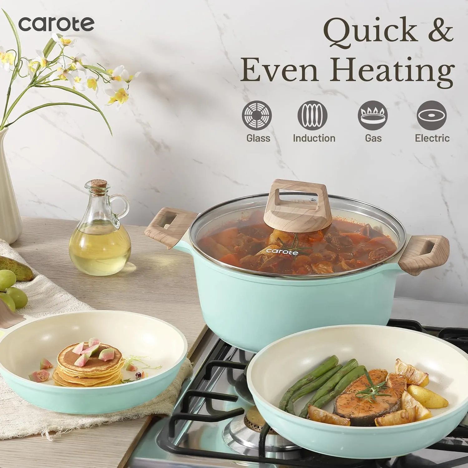 CAROTE 21 Ceramic Cookware Set, Pots and Pans Set Non stick, Cook Ware Set Induction Kitchen Cooking Set Non-toxic Health Induction Cookware, PFAS Free