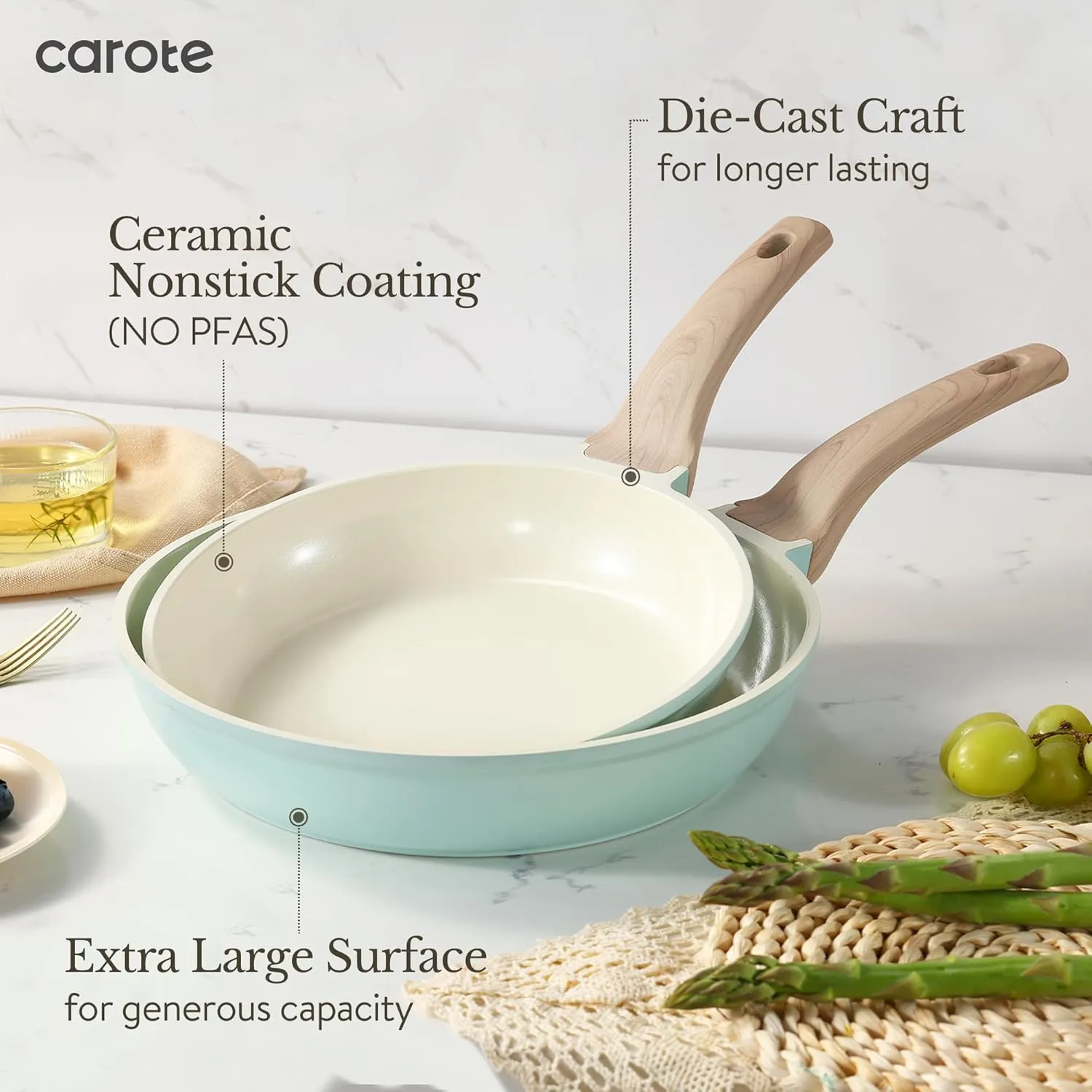 CAROTE 21 Ceramic Cookware Set, Pots and Pans Set Non stick, Cook Ware Set Induction Kitchen Cooking Set Non-toxic Health Induction Cookware, PFAS Free