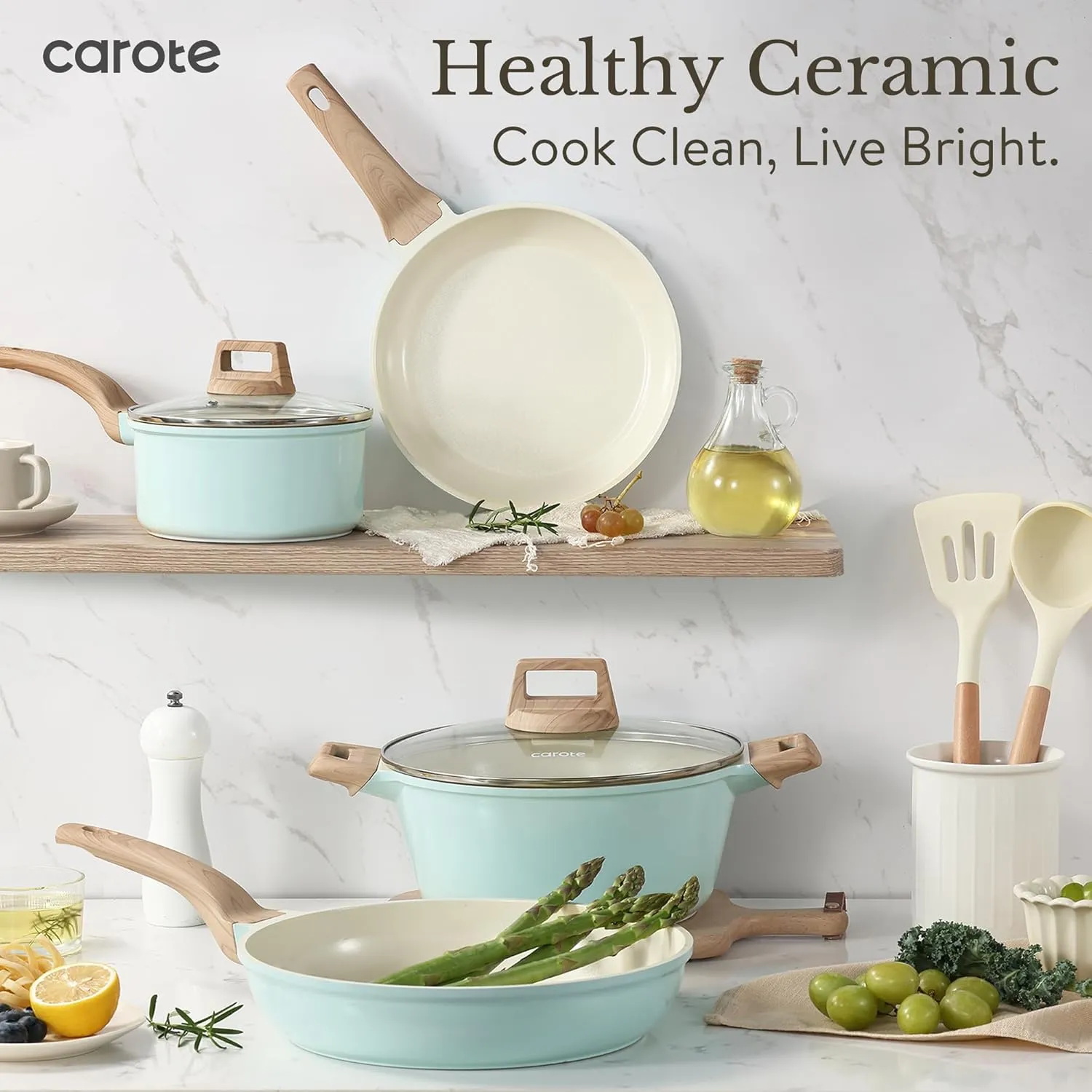 CAROTE 21 Ceramic Cookware Set, Pots and Pans Set Non stick, Cook Ware Set Induction Kitchen Cooking Set Non-toxic Health Induction Cookware, PFAS Free