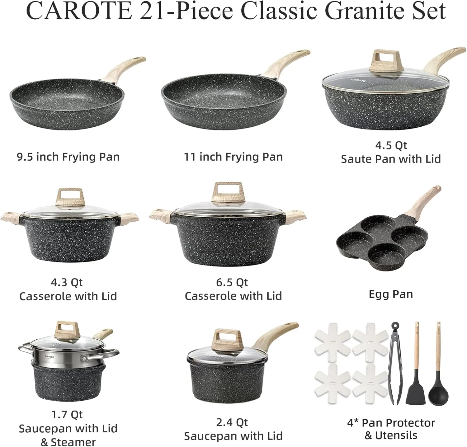 CAROTE 21pcs Pots and Pans Set Nonstick, Cookware Set Black Granite Induction Kitchen Cooking Set w/Frying Pans & Saucepans(PFOS, PFOA Free)