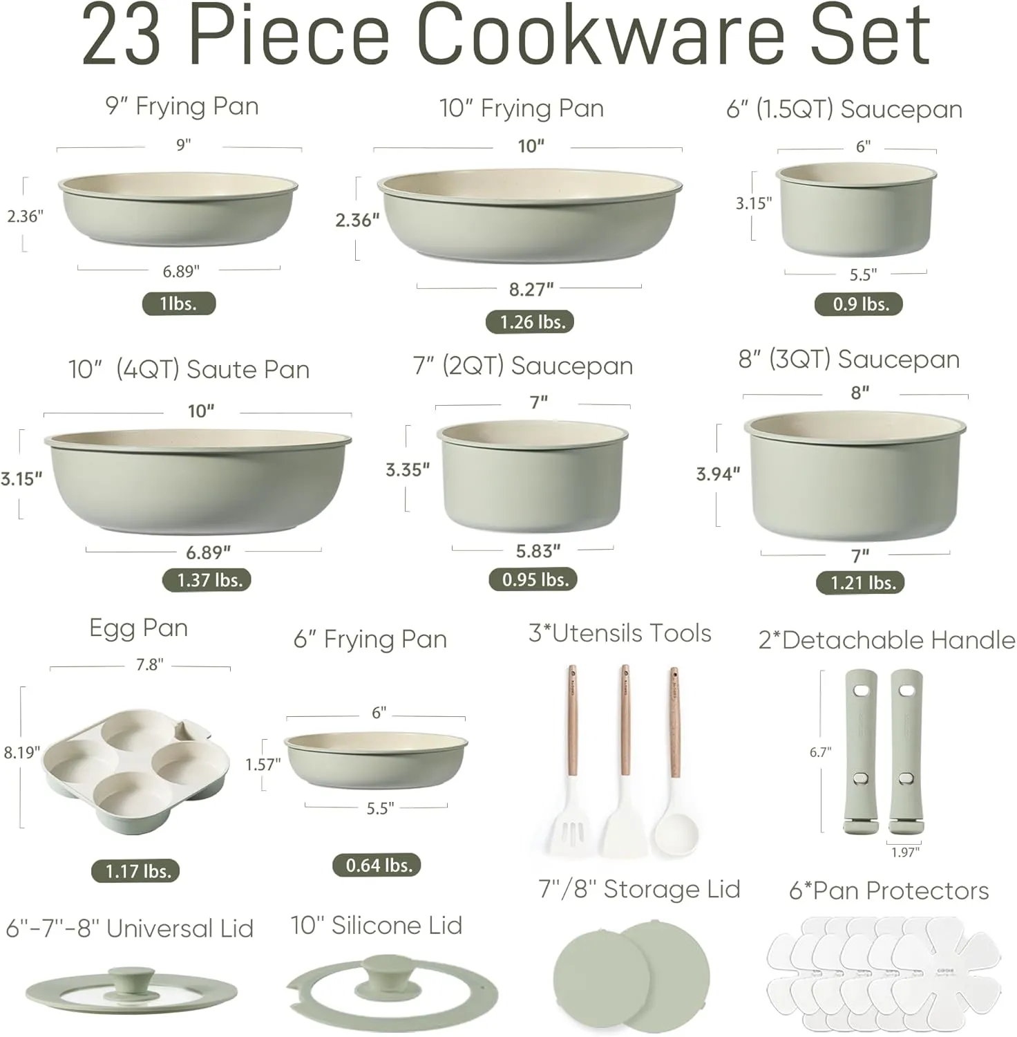 CAROTE 23pcs Pots and Pans Set Non Stick, Cookware Sets, Kitchen Set, Oven/Dishwasher/Fridge Safe, Space Saving Pots Set, Nonstick Set with Versatile Detachable Handle, Induction RV Set, Green