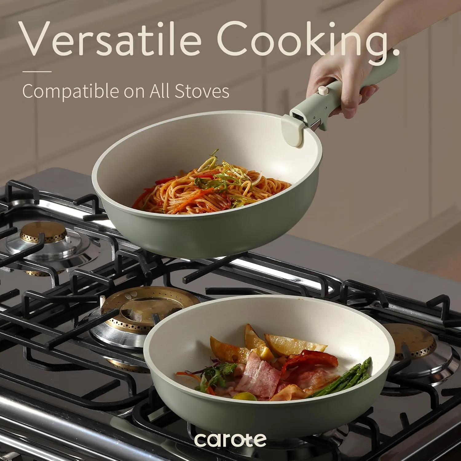 CAROTE 23pcs Pots and Pans Set Non Stick, Cookware Sets, Kitchen Set, Oven/Dishwasher/Fridge Safe, Space Saving Pots Set, Nonstick Set with Versatile Detachable Handle, Induction RV Set, Green