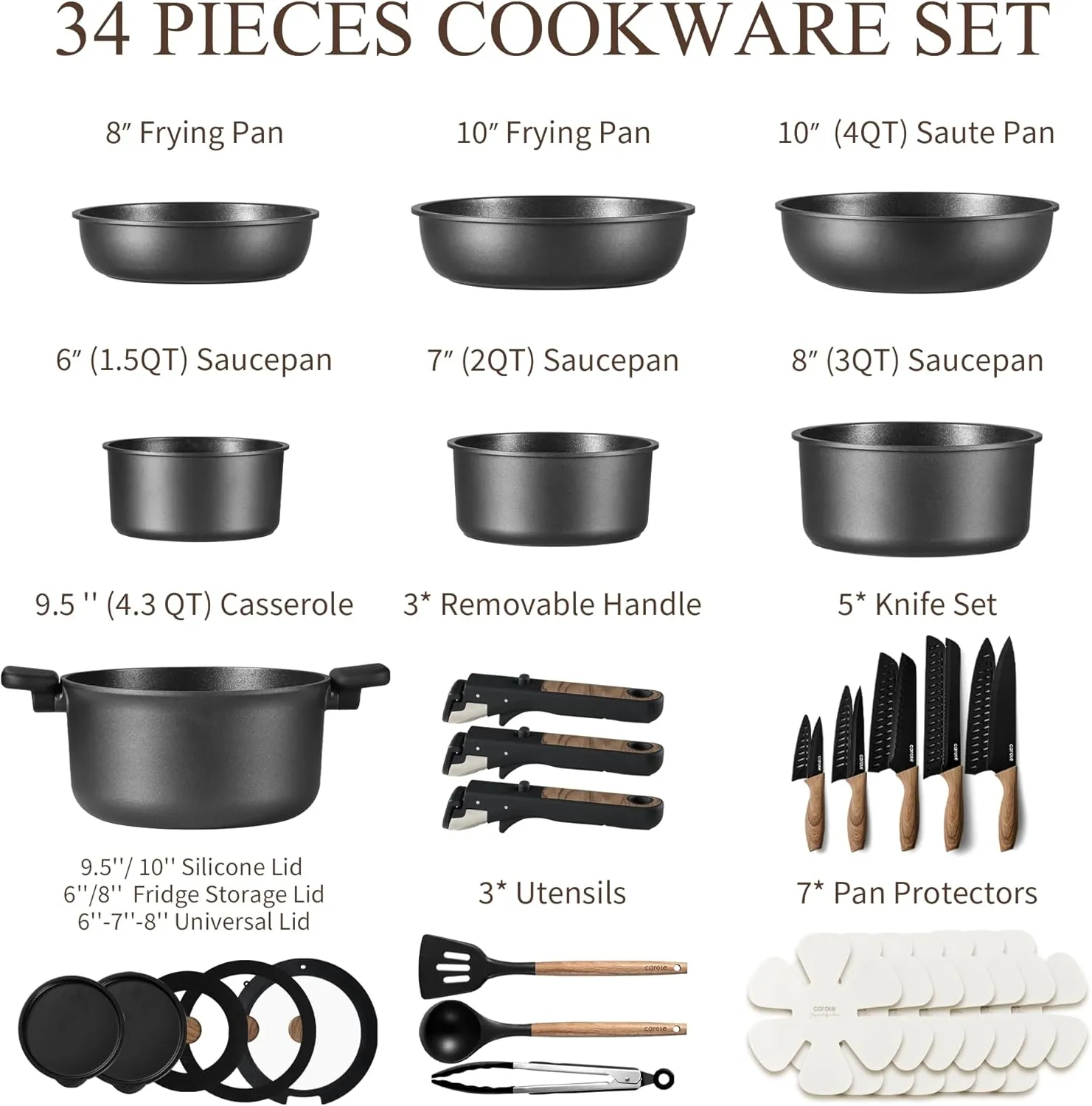 CAROTE 34pcs Pots and Pans Set, Nonstick Cookware Set Detachable Handle, Induction Kitchen Cookware Sets Non Stick with Removable Handle, RV Cookware Set, Oven Safe, Jet Black