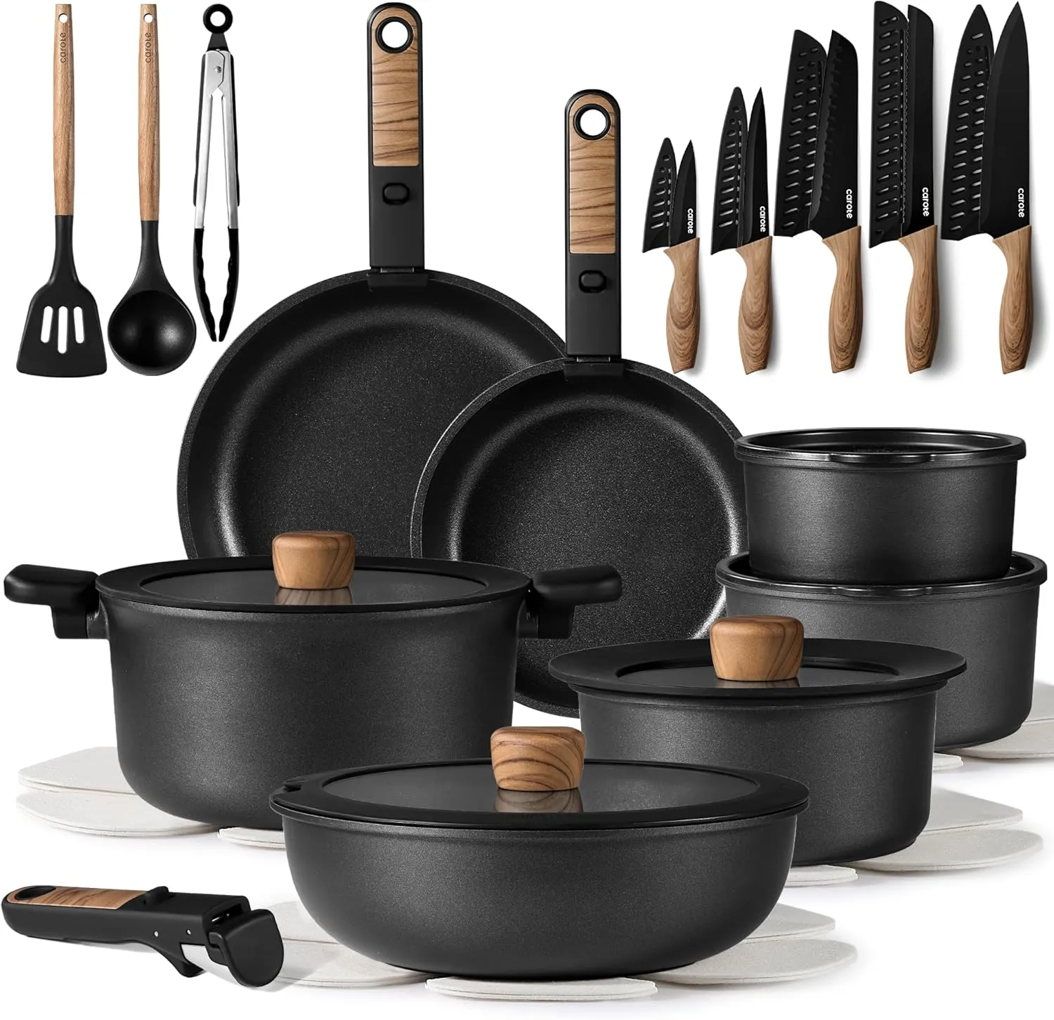 CAROTE 34pcs Pots and Pans Set, Nonstick Cookware Set Detachable Handle, Induction Kitchen Cookware Sets Non Stick with Removable Handle, RV Cookware Set, Oven Safe, Jet Black