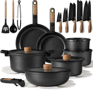 CAROTE 34pcs Pots and Pans Set, Nonstick Cookware Set Detachable Handle, Induction Kitchen Cookware Sets Non Stick with Removable Handle, RV Cookware Set, Oven Safe, Jet Black
