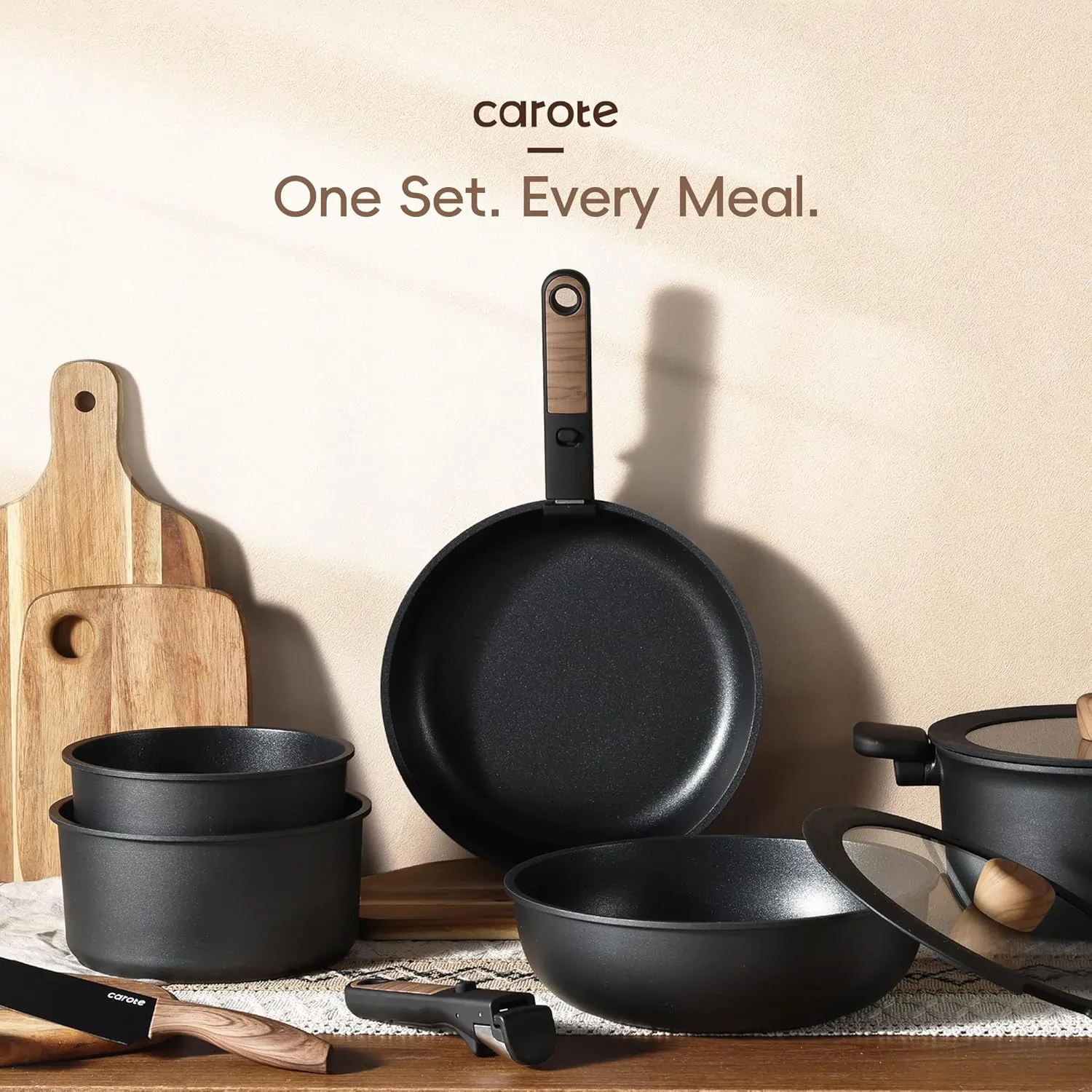 CAROTE 34pcs Pots and Pans Set, Nonstick Cookware Set Detachable Handle, Induction Kitchen Cookware Sets Non Stick with Removable Handle, RV Cookware Set, Oven Safe, Jet Black