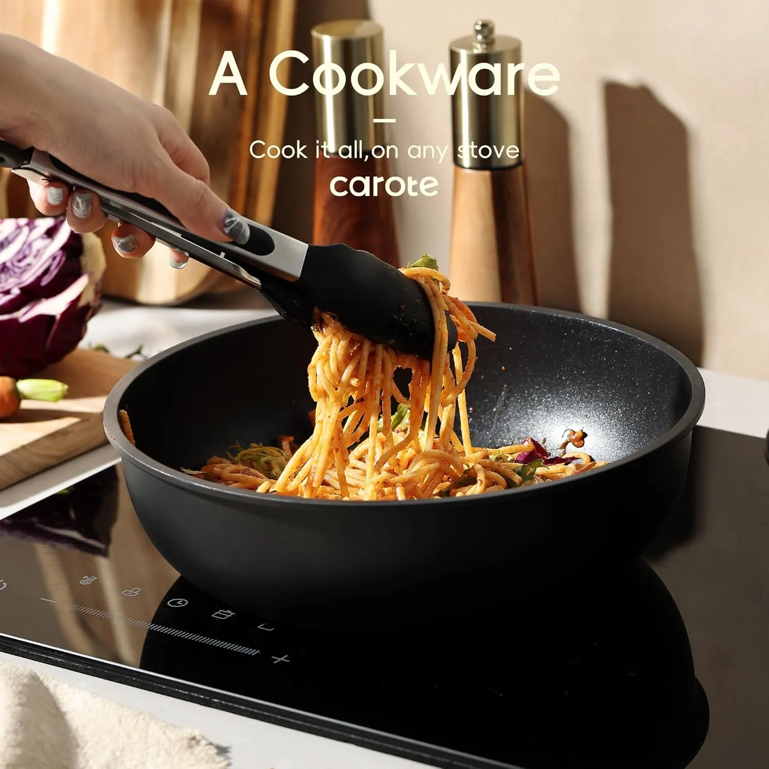 CAROTE 34pcs Pots and Pans Set, Nonstick Cookware Set Detachable Handle, Induction Kitchen Cookware Sets Non Stick with Removable Handle, RV Cookware Set, Oven Safe, Jet Black