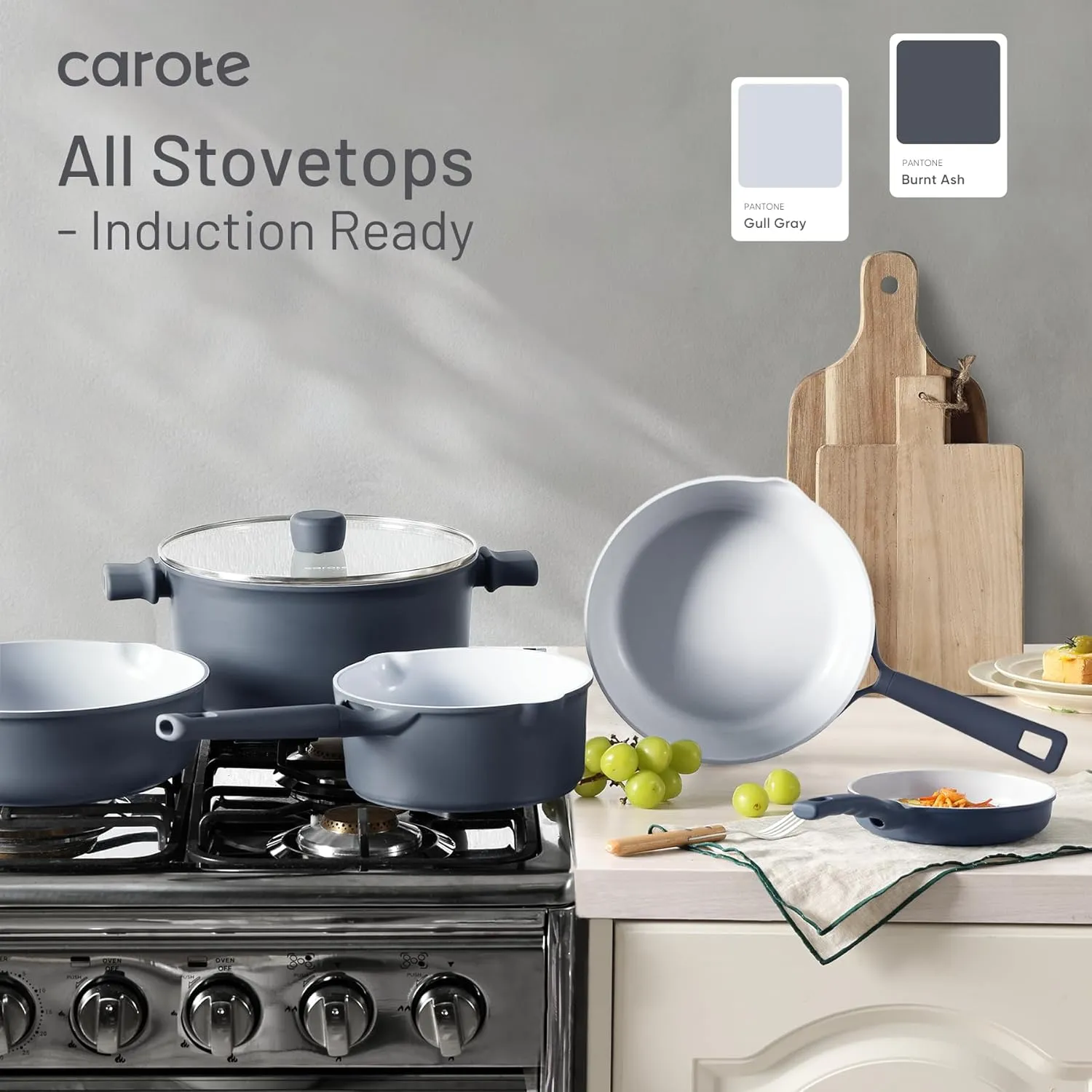 CAROTE Ceramic Cookware Set 12 Piece, Healthy & PFOA/PFAS Free, Nonstick Pots and Pans Set, Induction-Compatible, Navy Blue