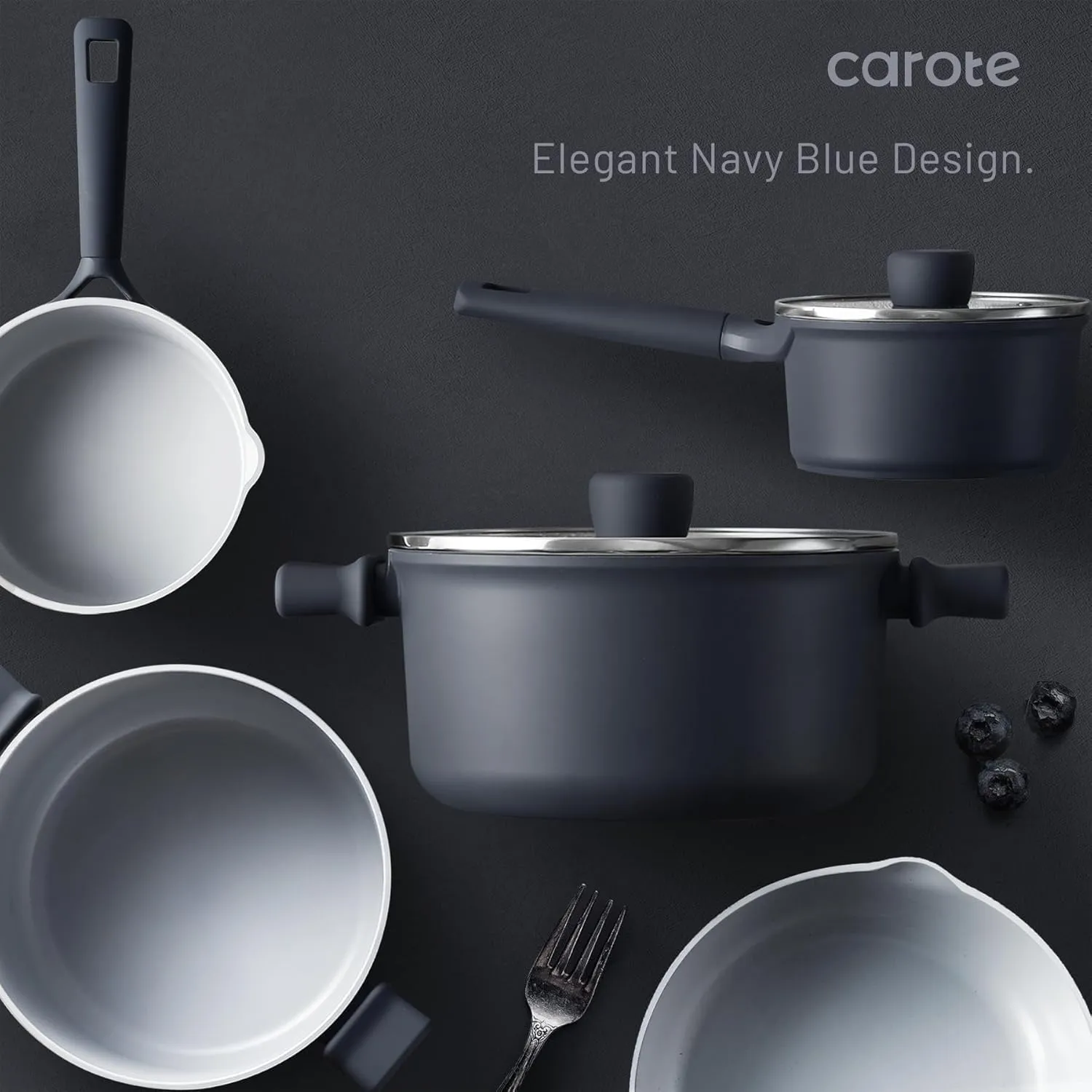 CAROTE Ceramic Cookware Set 12 Piece, Healthy & PFOA/PFAS Free, Nonstick Pots and Pans Set, Induction-Compatible, Navy Blue