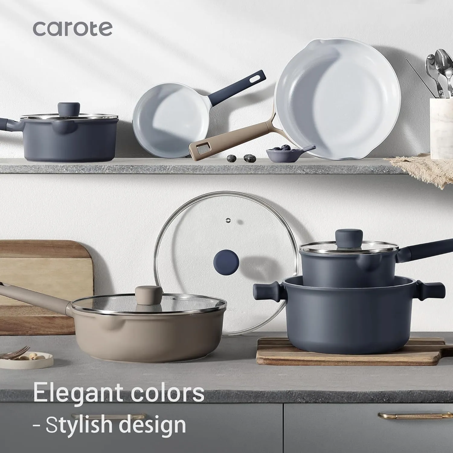 CAROTE Ceramic Cookware Set 12 Piece, Healthy & PFOA/PFAS Free, Nonstick Pots and Pans Set, Induction-Compatible, Navy Blue