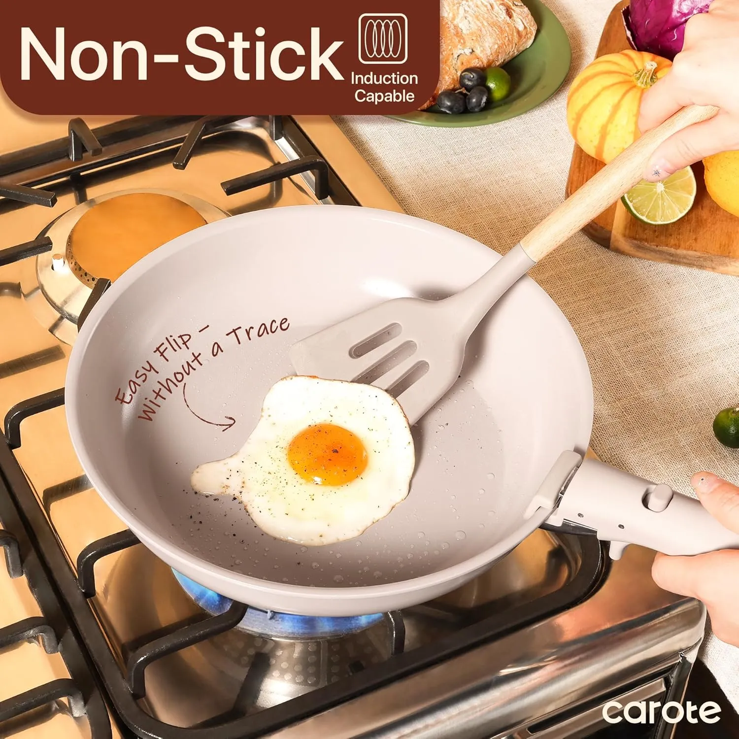 CAROTE Ceramic Cookware Sets, Pots and Pans Set Non Stick Non Toxic, Induction Cookware, Kitchen Cookware Sets, Pots Set for Healthy Coooking 15PCS, Taupe