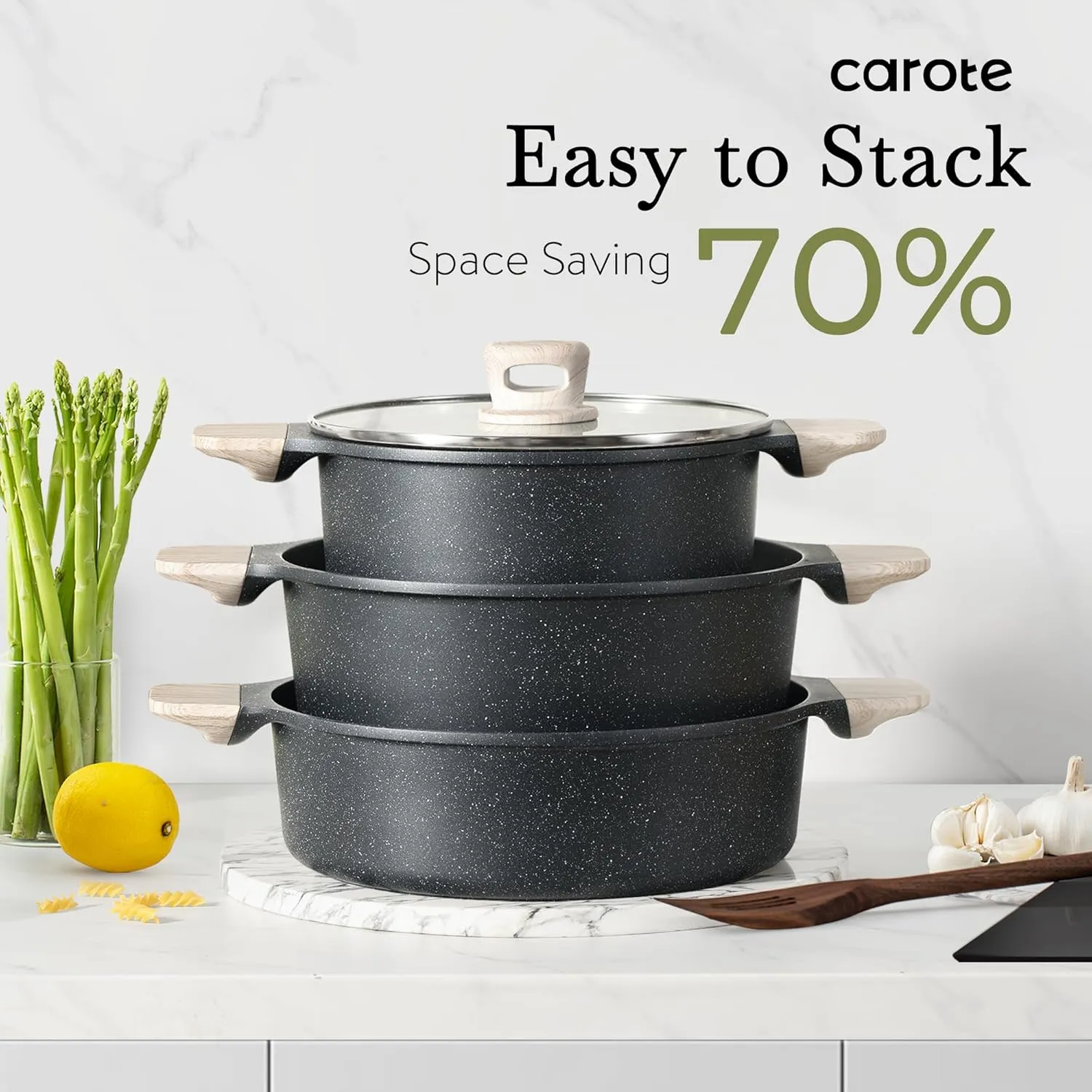 CAROTE Nonstick Pots and Pans Set, Cookware Set Induction Kitchen Cooking Set w/Stock pot & Saucepans, CLassic Black 13pcs