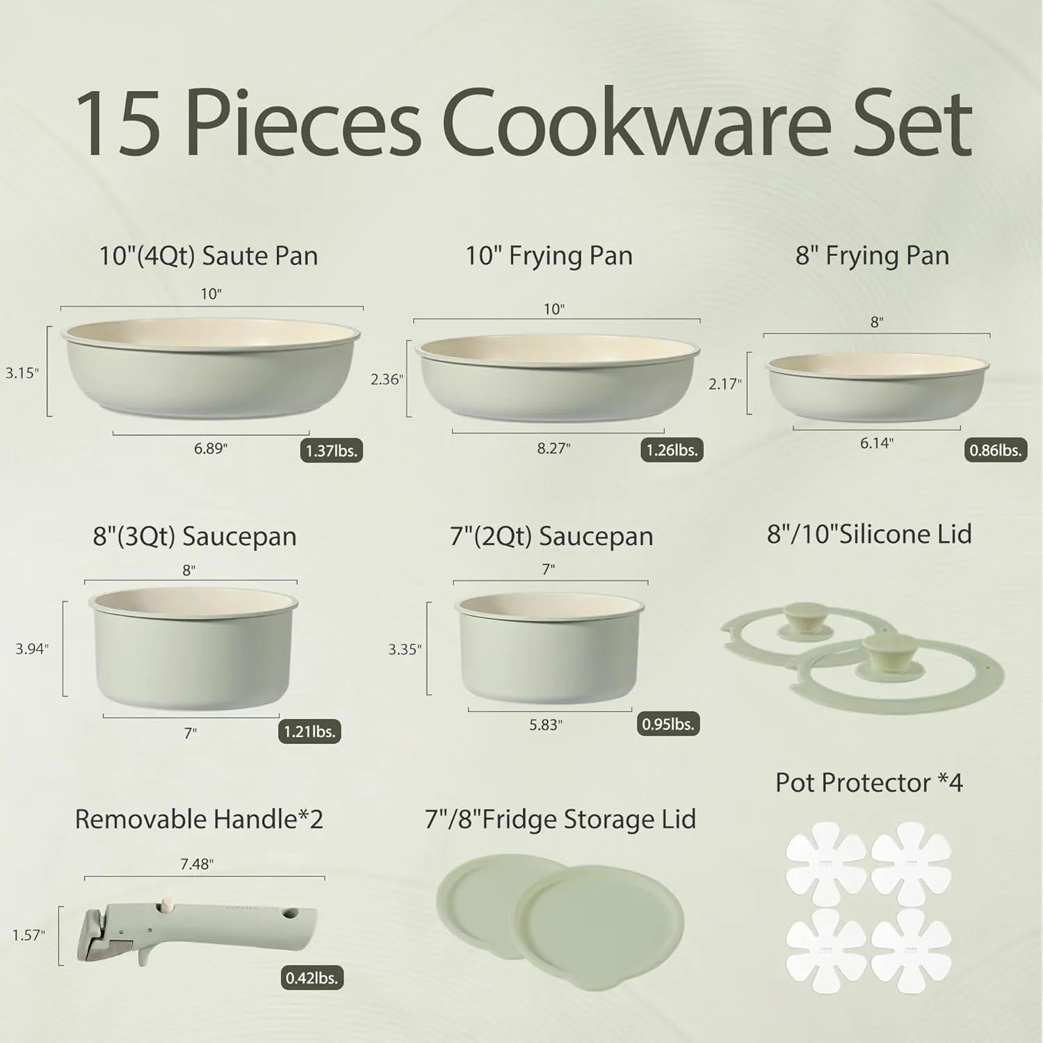 CAROTE Pots and Pans Set, Nonstick Cookware Set Detachable Handle, 15pcs Induction Kitchen Cookware Sets Non Stick with Removable Handle, RV Cookware Set, Oven Safe, Sage Green