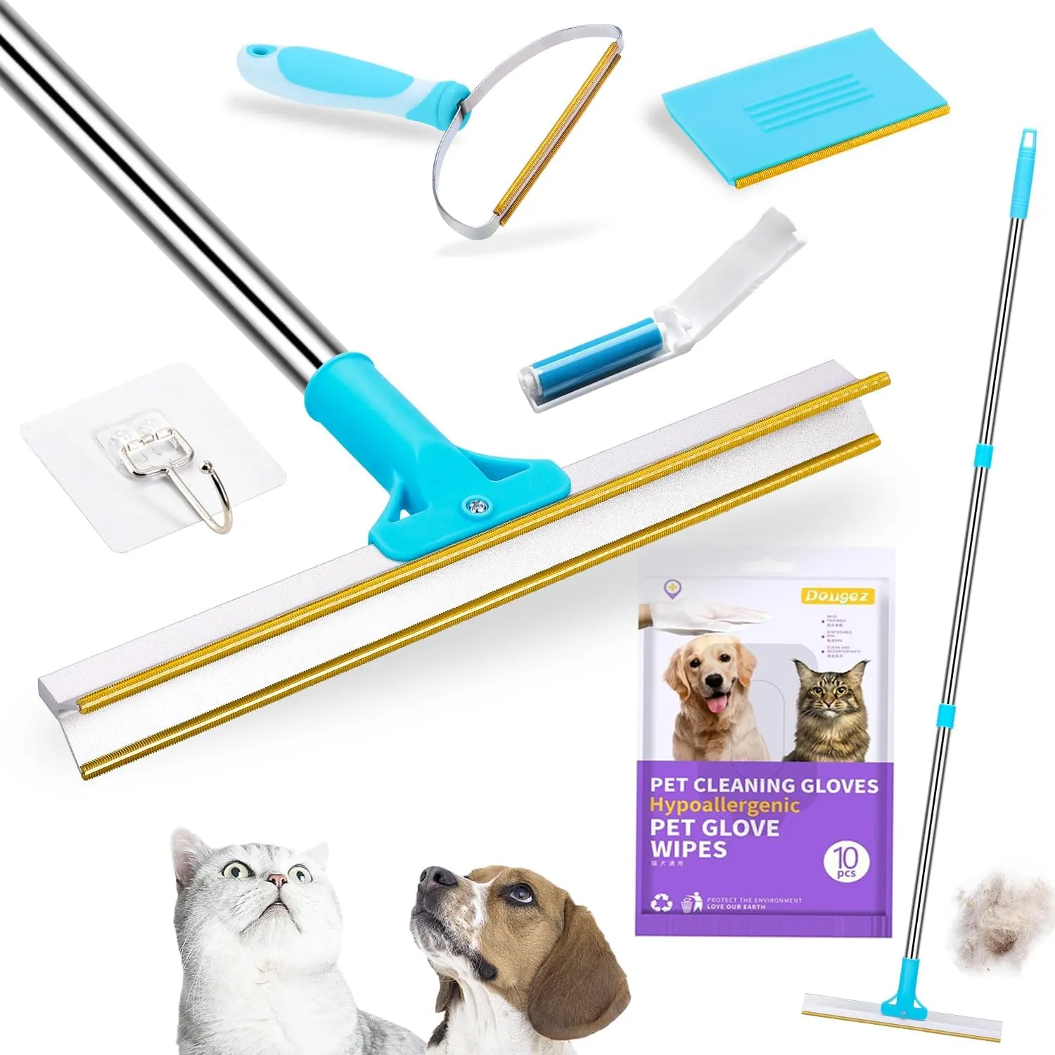 Carpet Rake for Pet Hair Removal | 5-Piece Set with 10 Disposable Cleaning Gloves, Long & Short Handles, Lint Rollers & Scraper Deep Cleaner Pro Pet Hair Remover | Cat and Dog Hair Carpet Rake